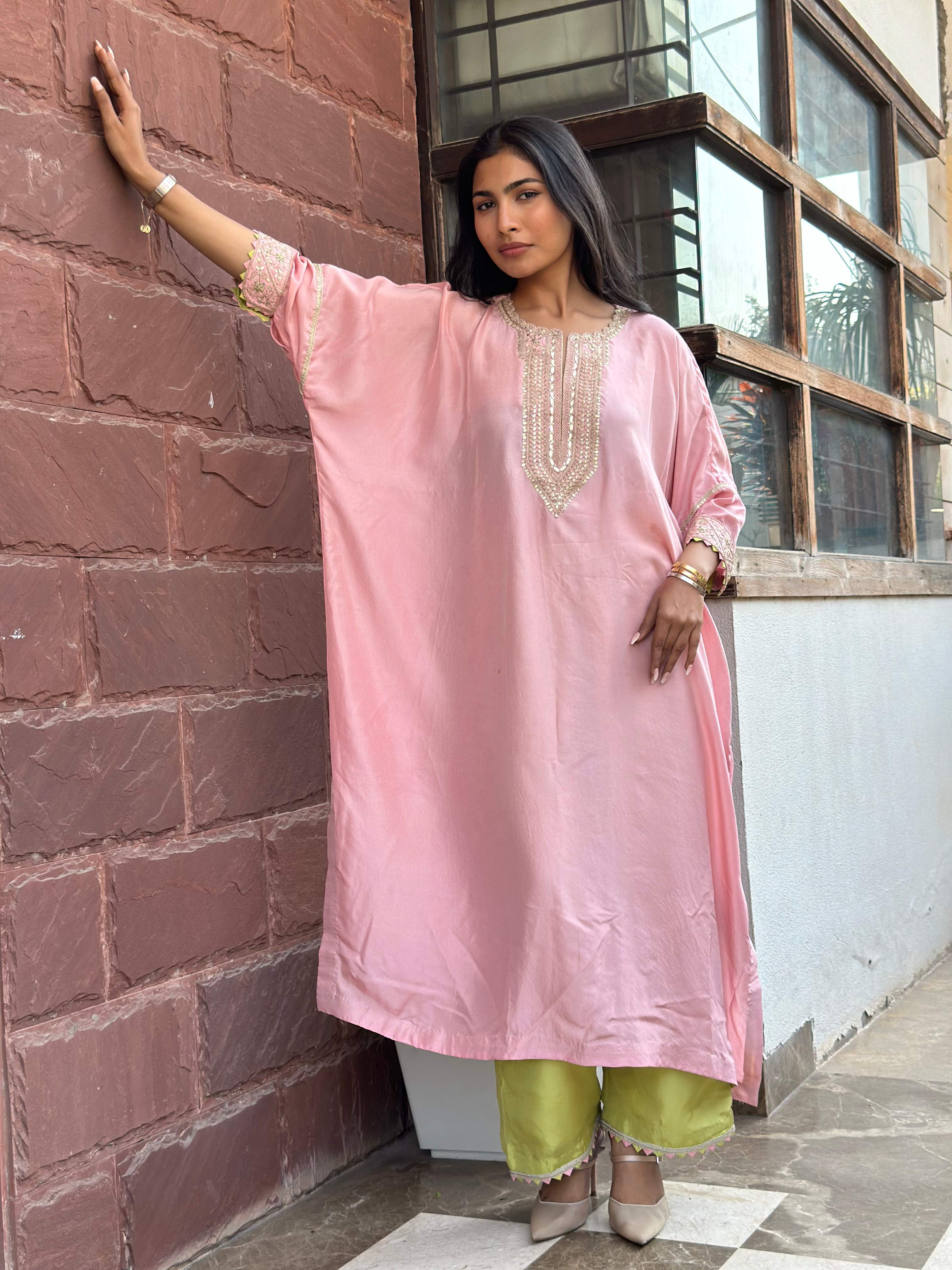 PINK-GREEN SILK HANDWORK KURTA SET
