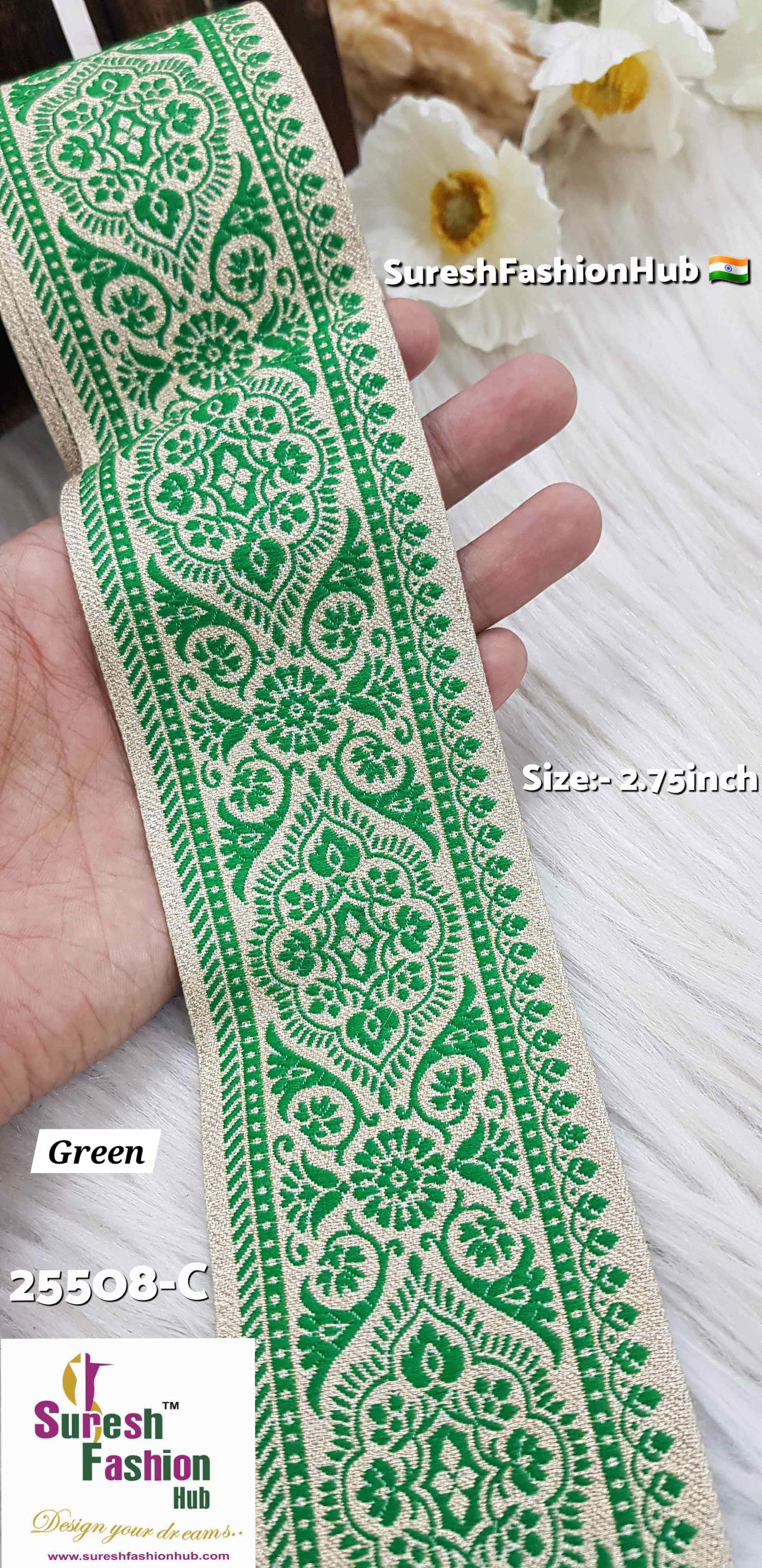 Certainly! Here are some ALT text suggestions that incorporate a variety of keywords to help improve your visibility on Google:  1. "Navratri Banarasi Laces - Traditional Indian Festive Laces" 2. "Golden Silver Banarasi Lace - Elegant Metallic Trims for Garments" 3. "Cutwork Banarasi Laces - Intricate Openwork Designs"