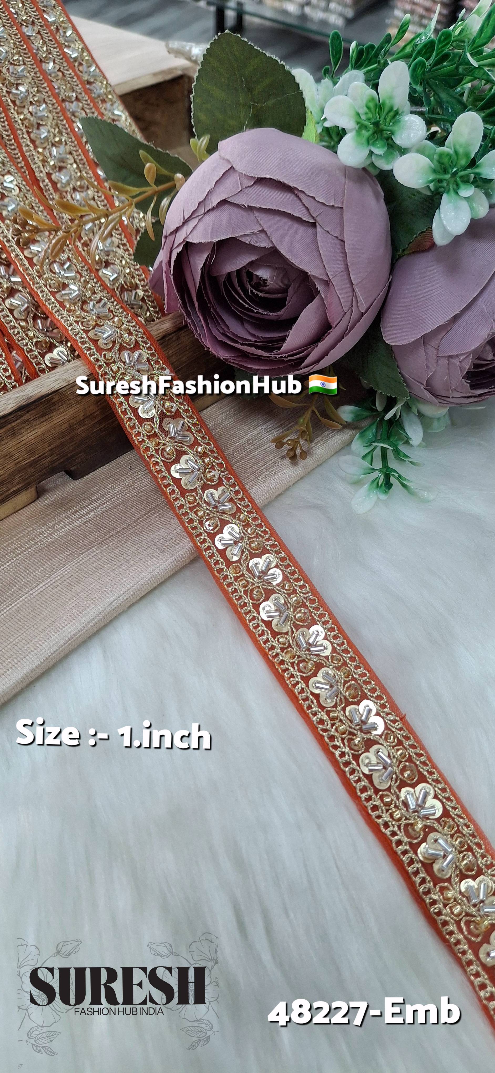 Orange Pearl Embroidery Net Lace