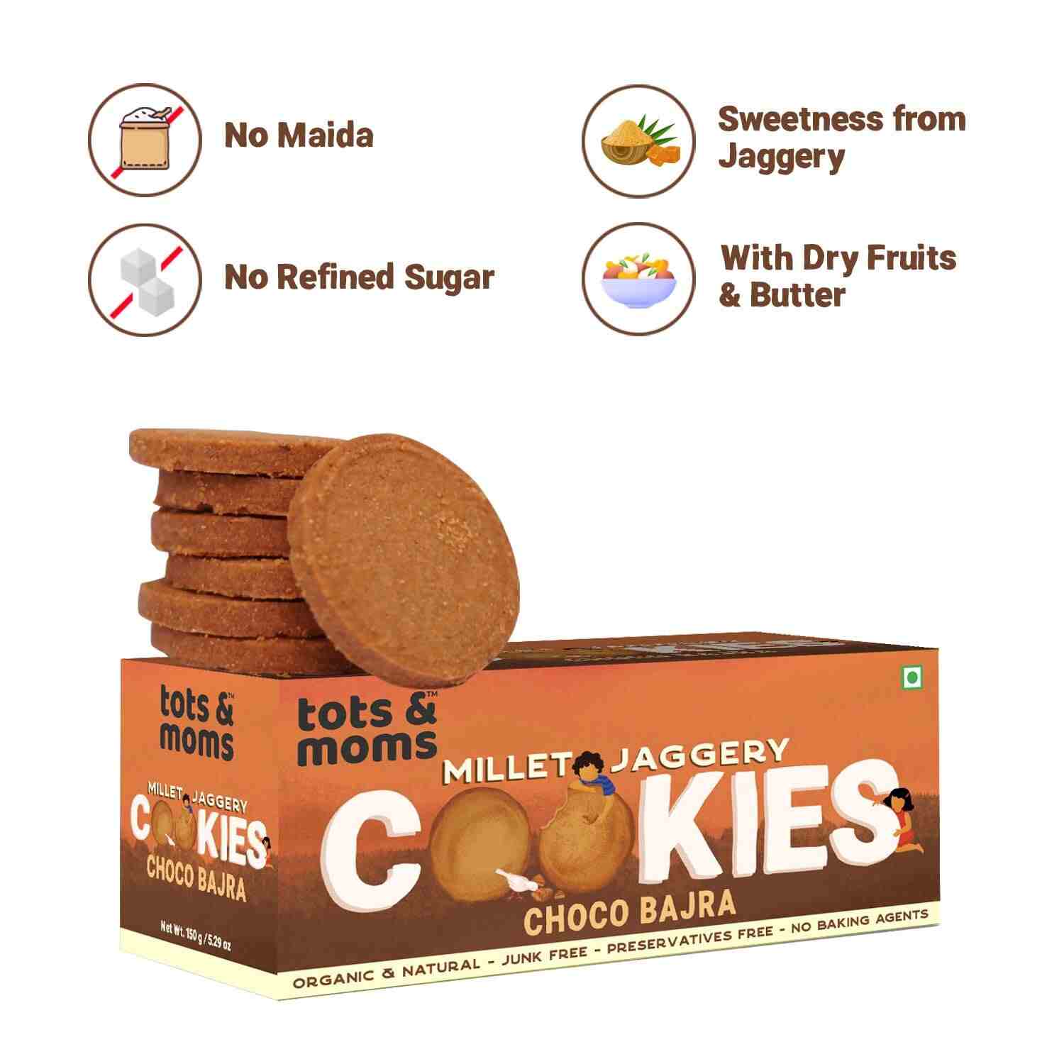 Tots & Moms | No Maida No Sugar | Choco Bajra Cookies | Millet & Jaggery Biscuits | 150G