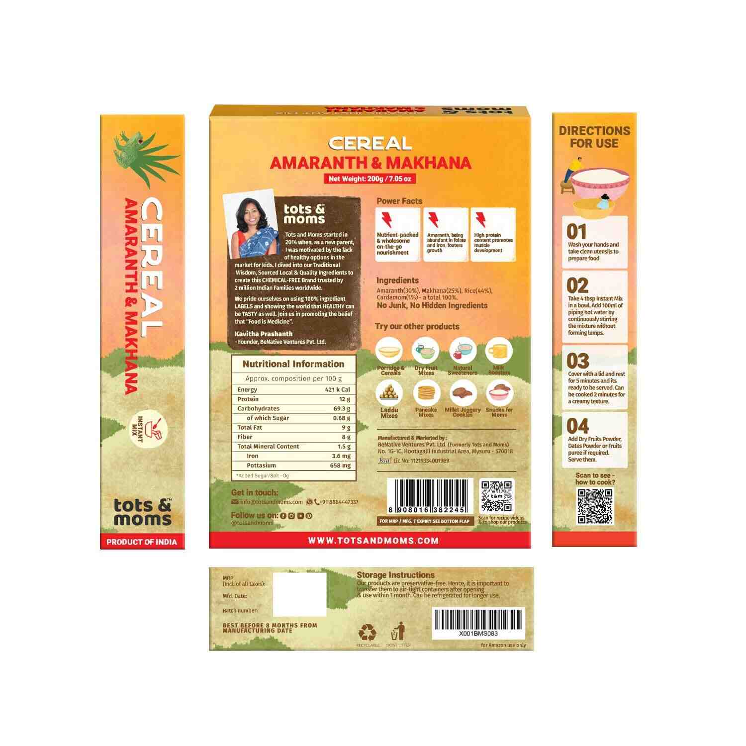 Tots & Moms | Protein & Calcium Rich | Amaranth & Makhana Instant Cereal | 200G