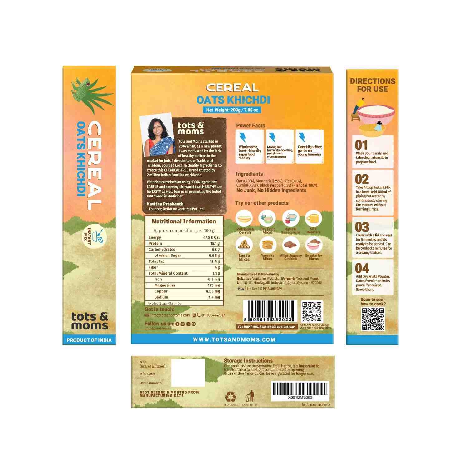 Tots & Moms | Instant Oats Khichdi Cereal For Kids | Flavoured With Cumin & Pepper | 200G