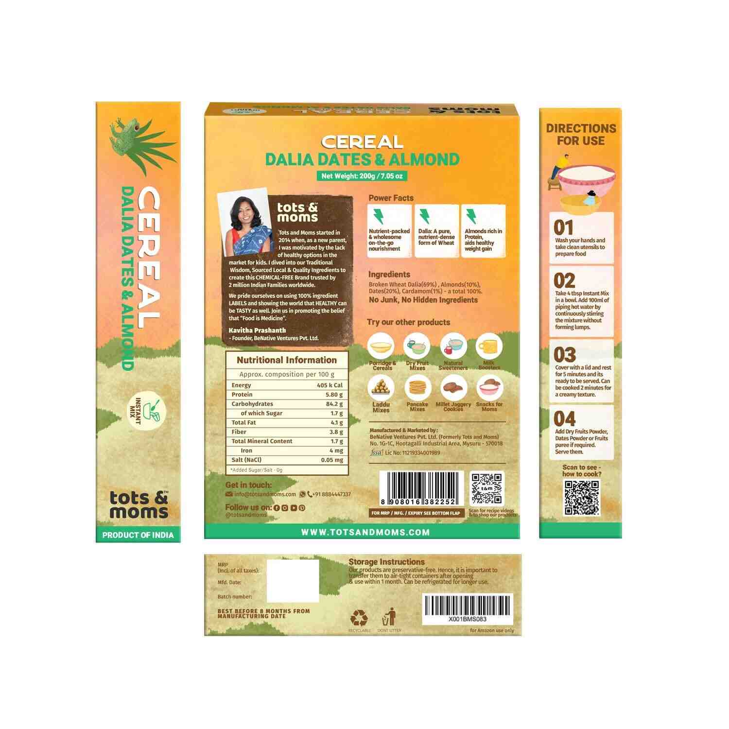 Tots & Moms | Iron & Protein Rich Instant Dalia Dates & Almonds Cereal | 200G
