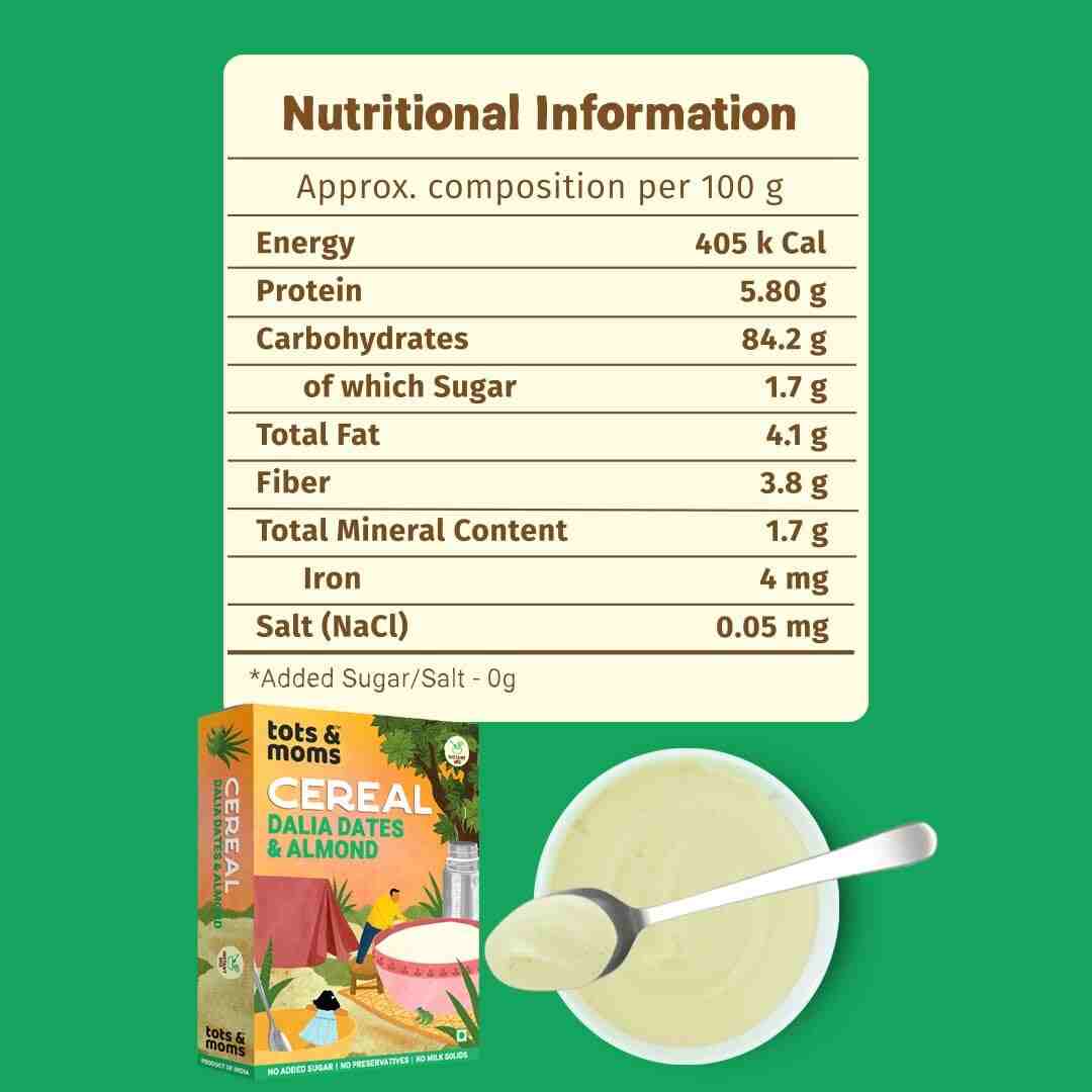 Tots & Moms | Iron & Protein Rich Instant Dalia Dates & Almonds Cereal | 200G