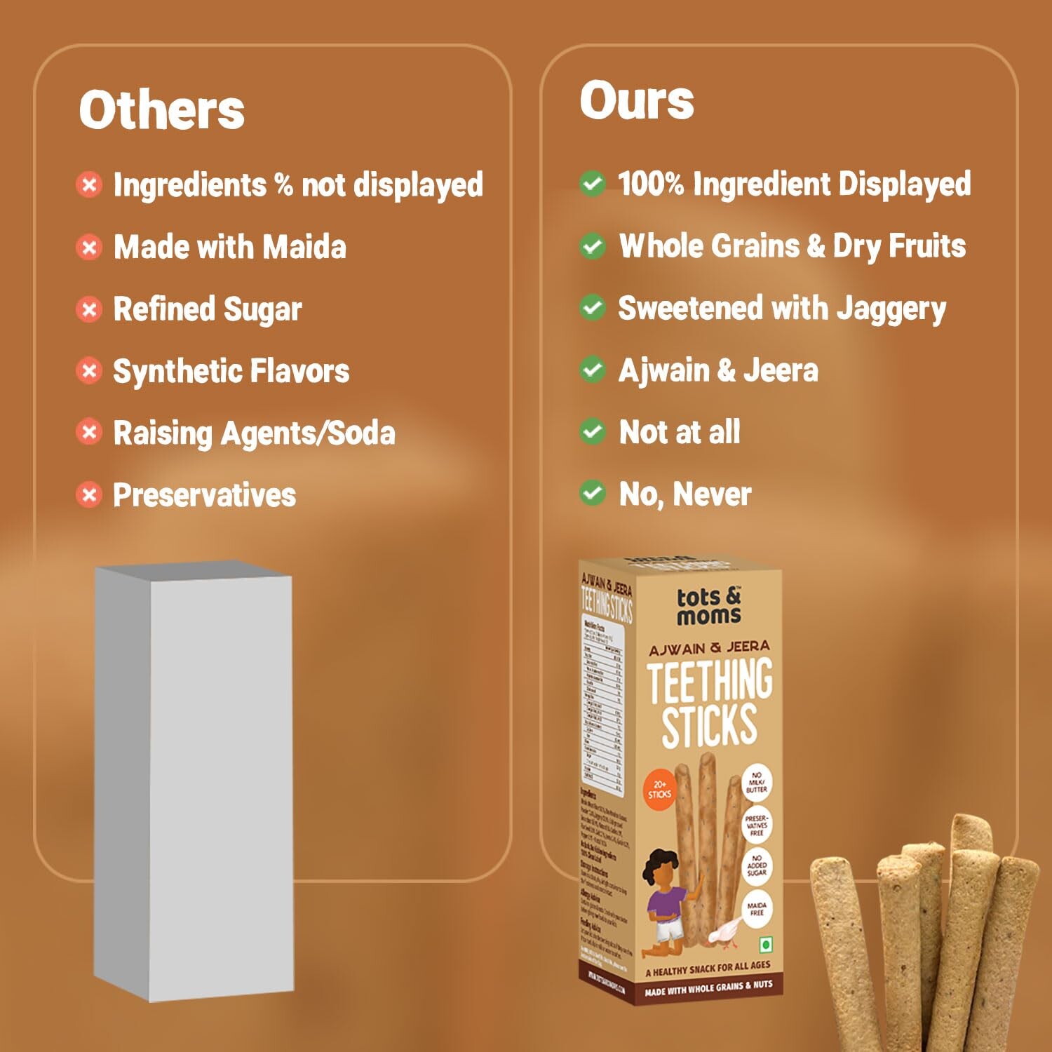 Tots And Moms | Teething Sticks | Ajwain & Jeera With Dry Fruits, Nuts & Seeds For Soothing Gums, 12 Months+ | 150G