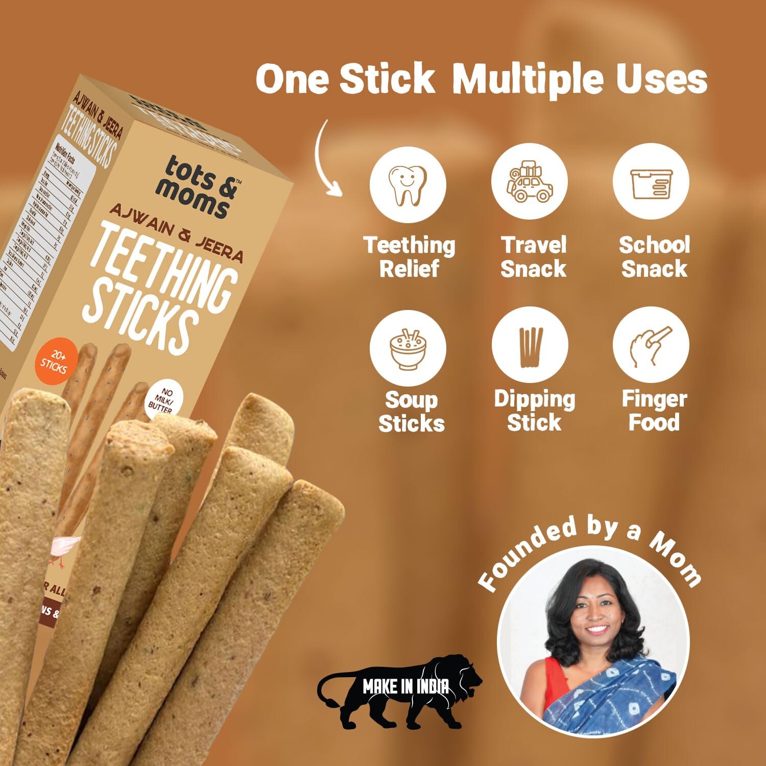 Tots And Moms | Teething Sticks | Ajwain & Jeera With Dry Fruits, Nuts & Seeds For Soothing Gums, 12 Months+ | 150G