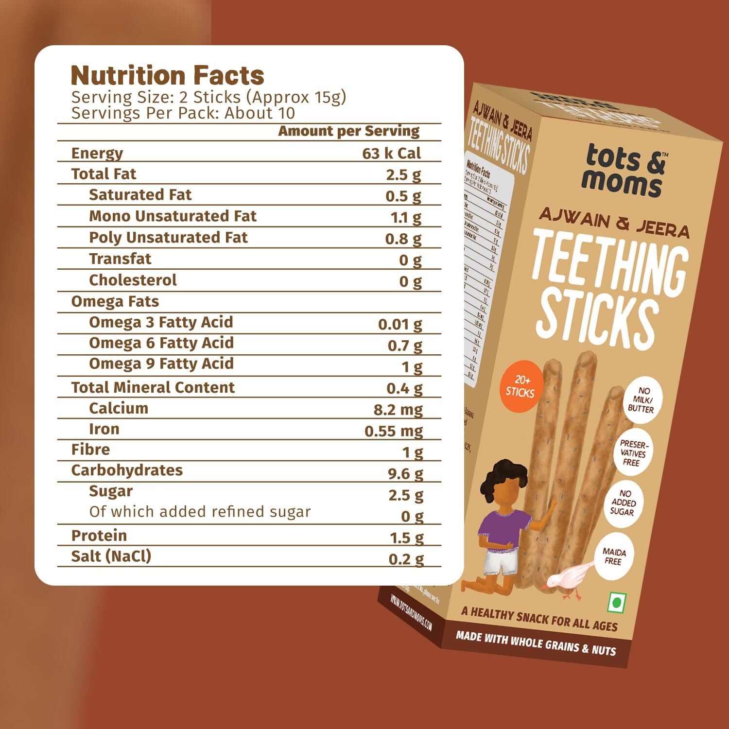 Tots And Moms | Teething Sticks | Ajwain & Jeera With Dry Fruits, Nuts & Seeds For Soothing Gums, 12 Months+ | 150G