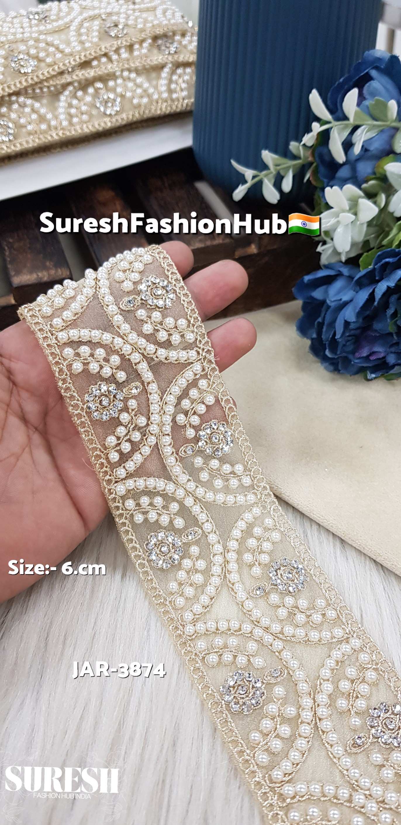 Gold Semi-Circle Pearl Diamond Cutwork Lace