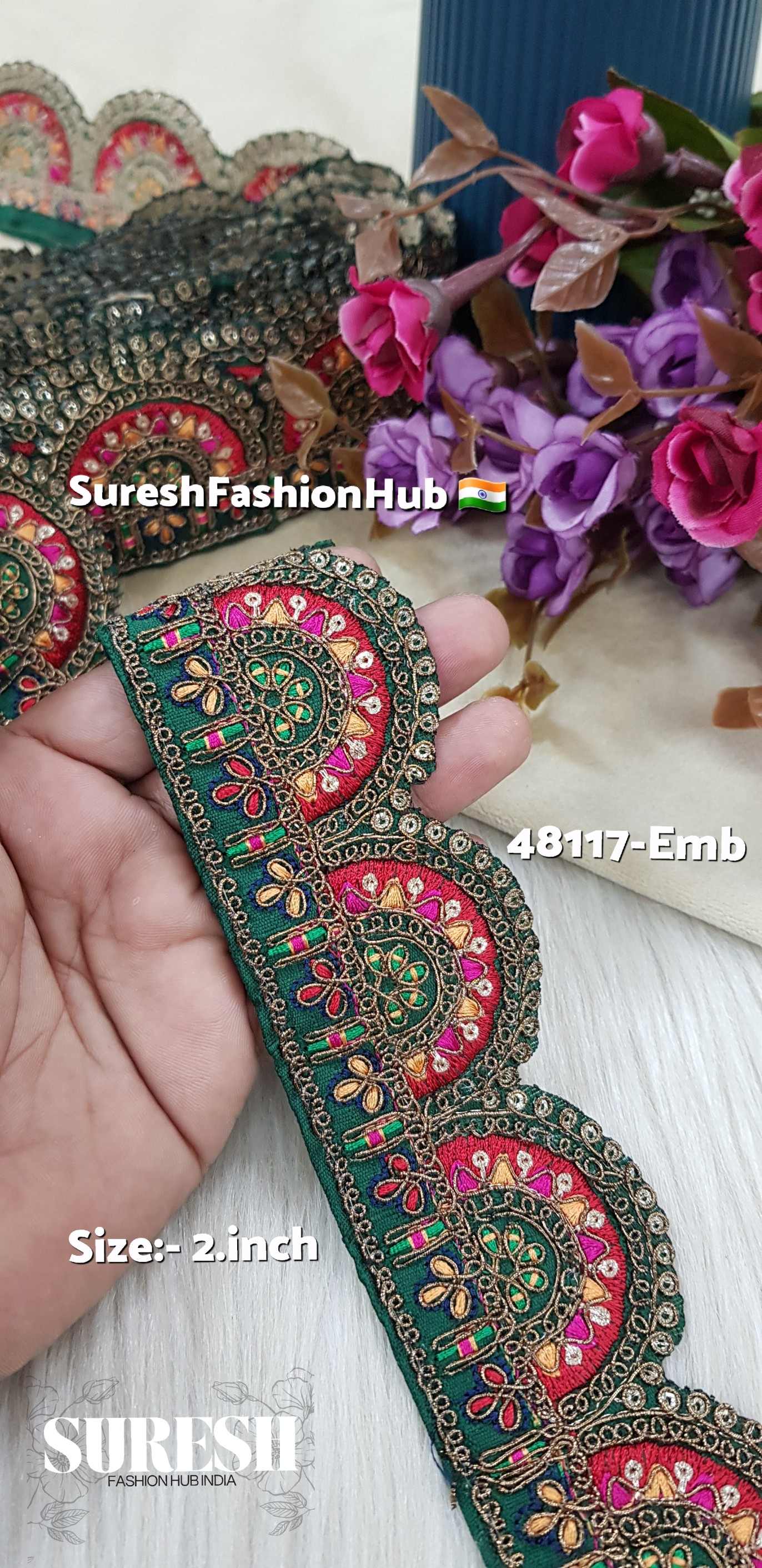 Abu Jani Style Embroidered Scallop Border – Bottle Green Base
