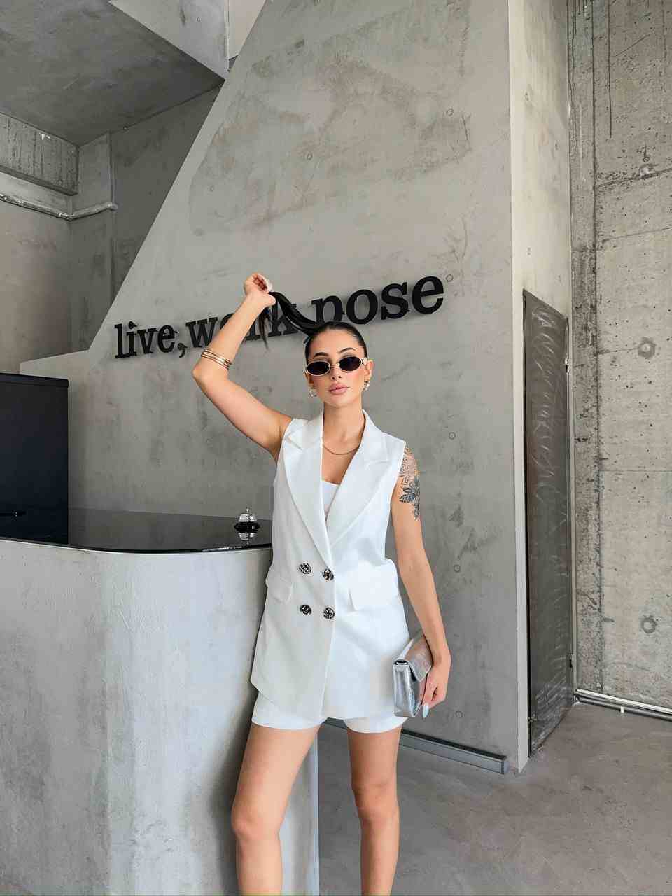 White linen long vest and shorts co-ord set