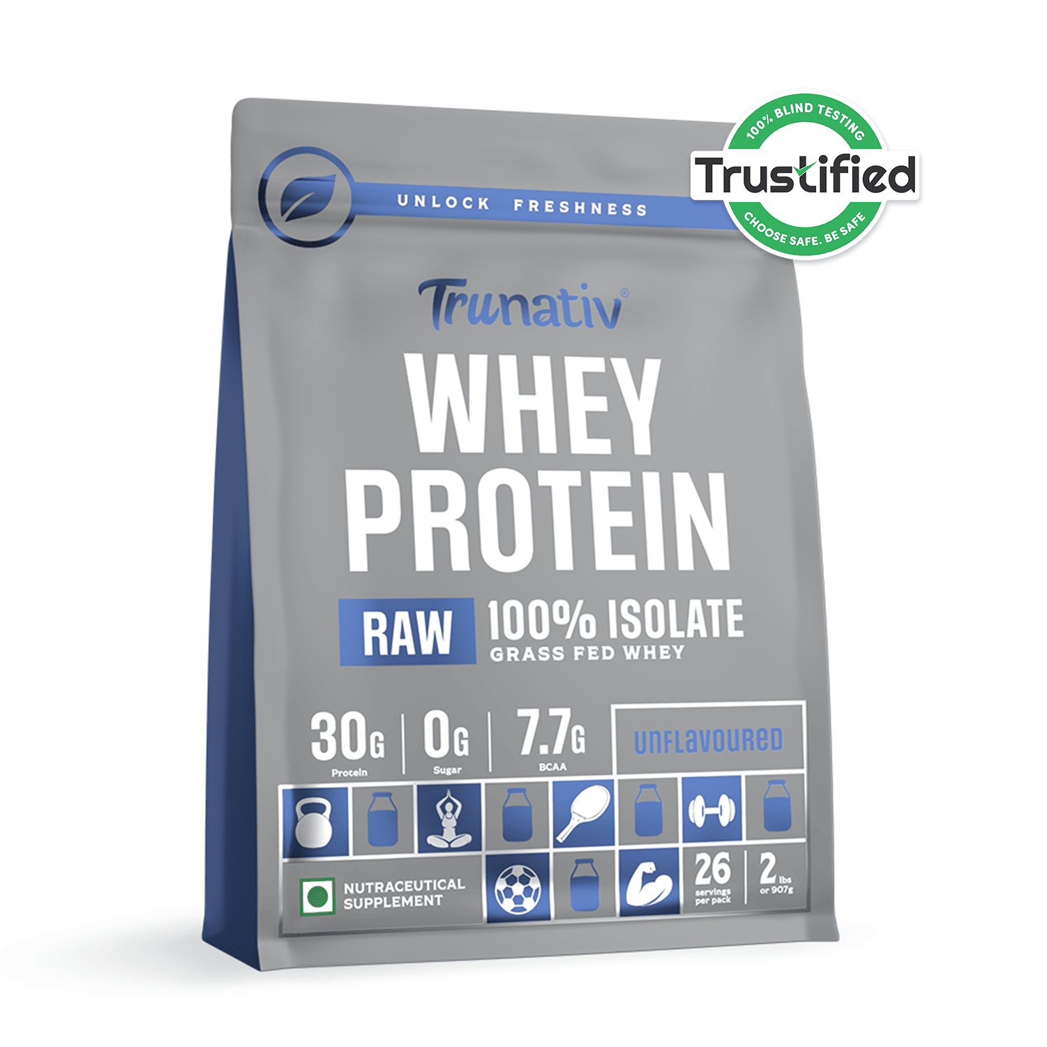 Trunativ | Clean Raw Whey Protein Isolate Powder | 30g Protein & 7.7g BCAA Per Scoop | For Men & Women | 907g | 2lbs