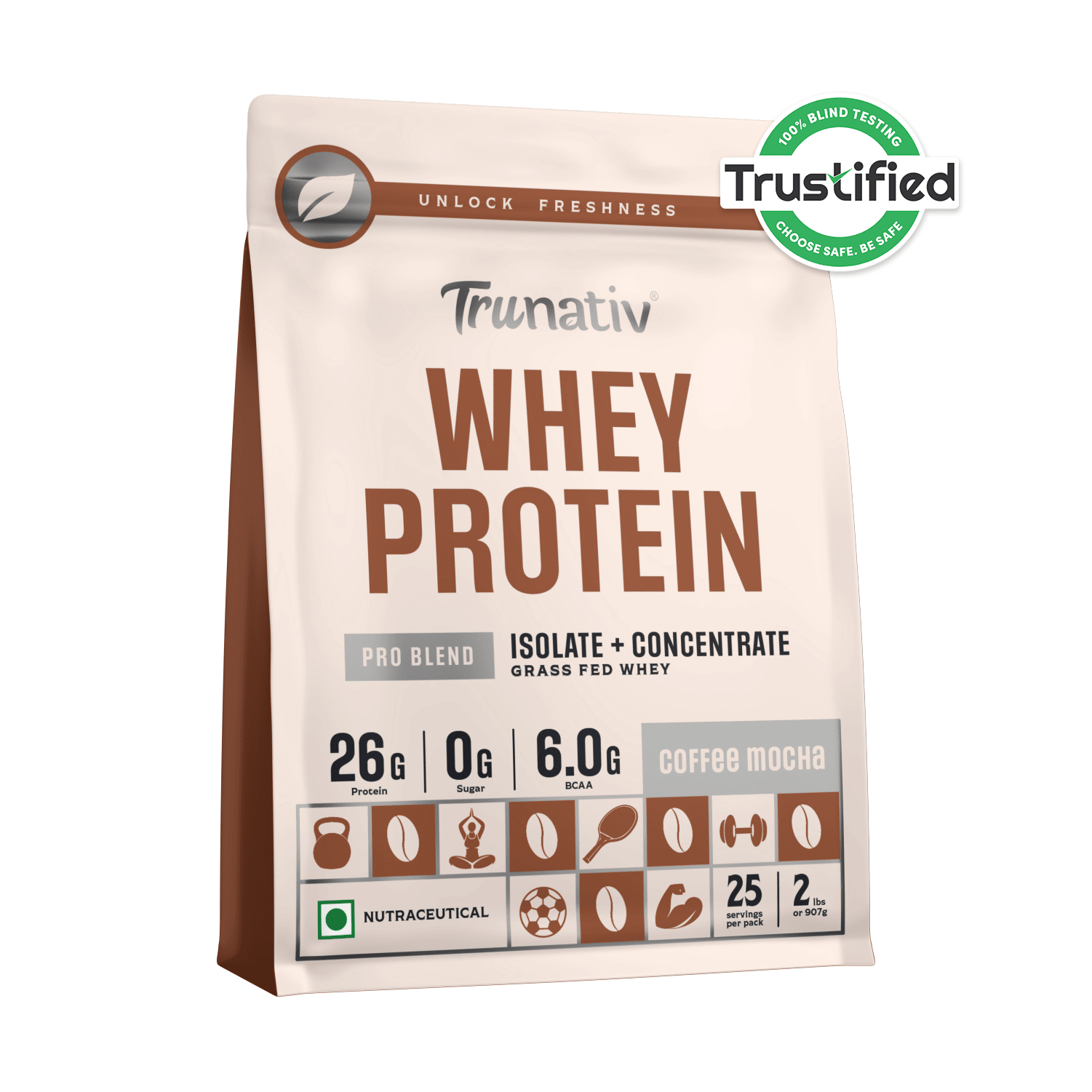 Trunativ | Whey Protein Isolate & Concentrate Pro Blend | 26g Protein & 6g BCAA Per Scoop | Coffee Mocha 907g | 2lbs