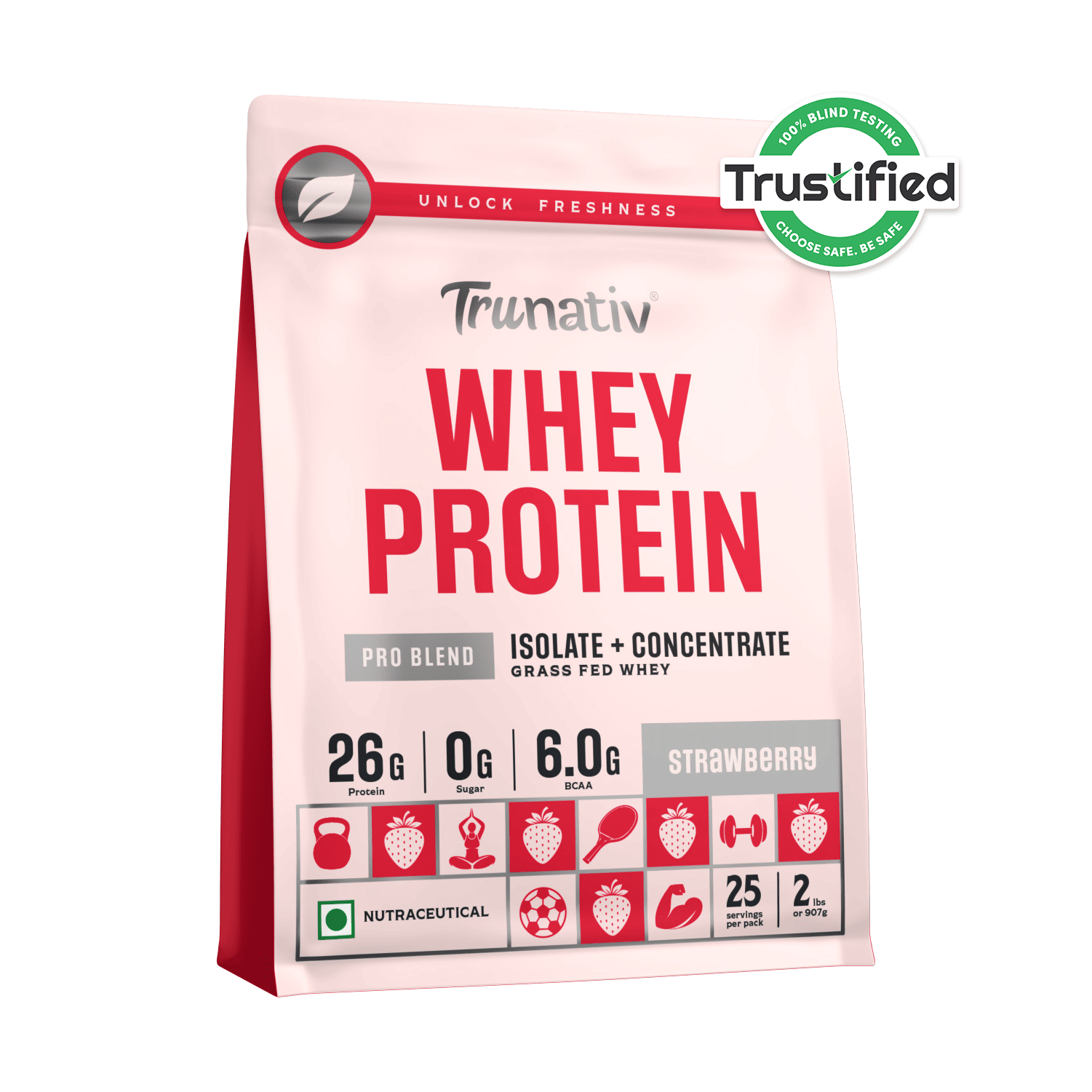 Trunativ | Whey Protein Isolate & Concentrate Pro Blend | 26g Protein & 6g BCAA Per Scoop | Strawberry 907g | 2lbs