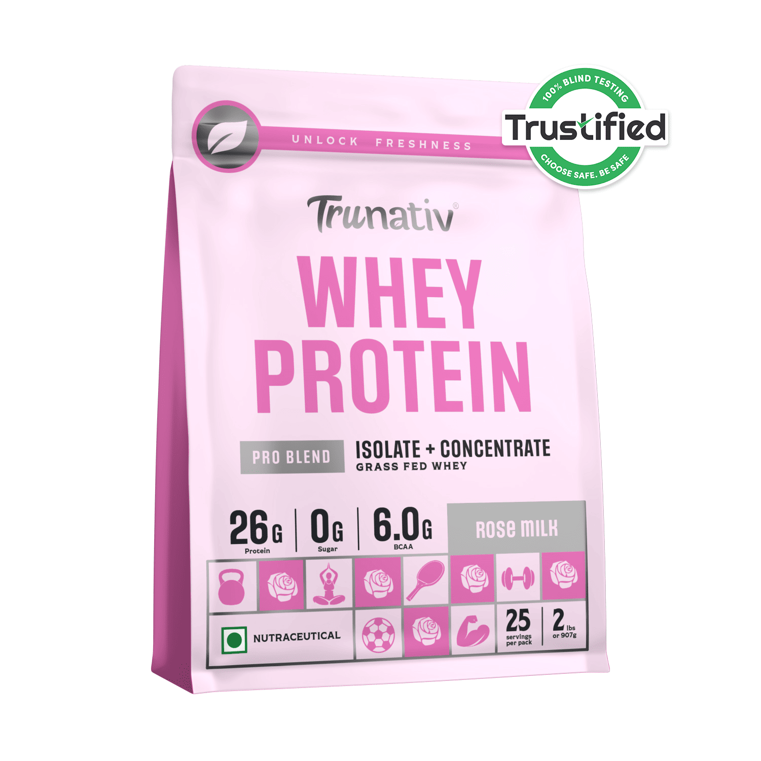 Trunativ | Whey Protein Isolate & Concentrate Pro Blend | 26g Protein & 6g BCAA Per Scoop | Rose Milk 907g | 2lbs