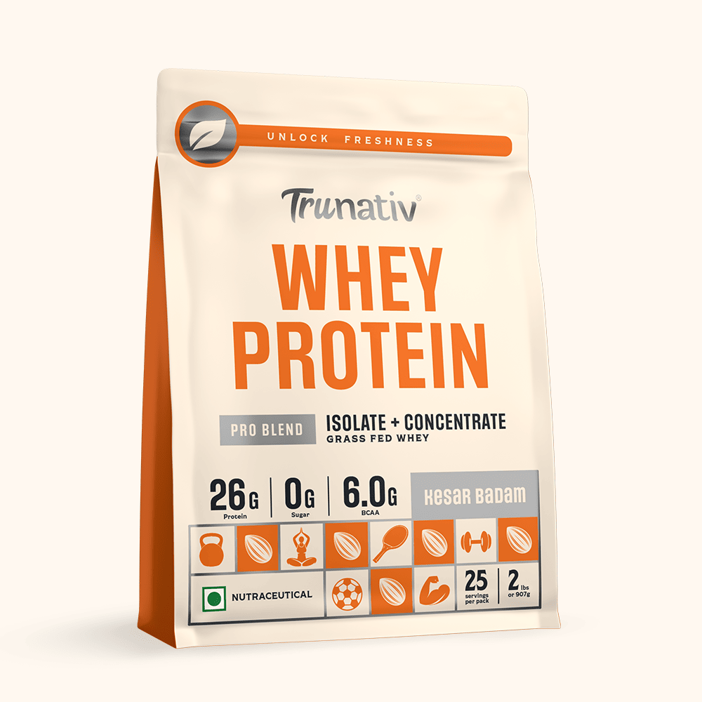 Trunativ | Whey Protein Isolate & Concentrate Pro Blend | 26g Protein & 6g BCAA Per Scoop | Kesar Badam 907g | 2lbs