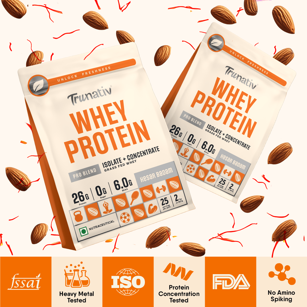 Trunativ | Whey Protein Isolate & Concentrate Pro Blend | 26g Protein & 6g BCAA Per Scoop | Kesar Badam 907g | 2lbs