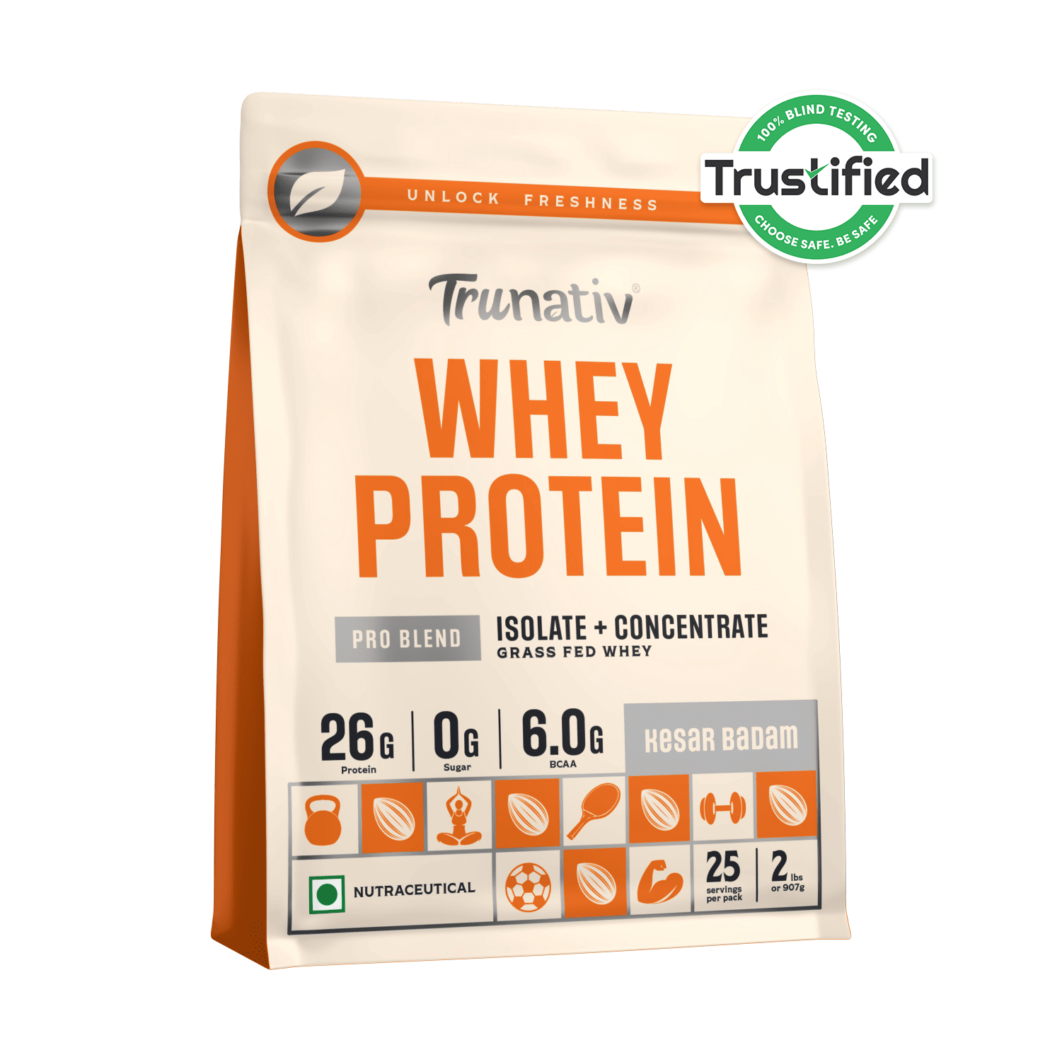 Trunativ | Whey Protein Isolate & Concentrate Pro Blend | 26g Protein & 6g BCAA Per Scoop | Kesar Badam 907g | 2lbs