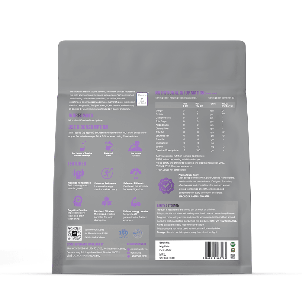 Trunativ | Pure Micronised Creatine Powder | Creatine Monohydrate Supplement for Strength | Gut-Friendly | 33 Servings | 100g