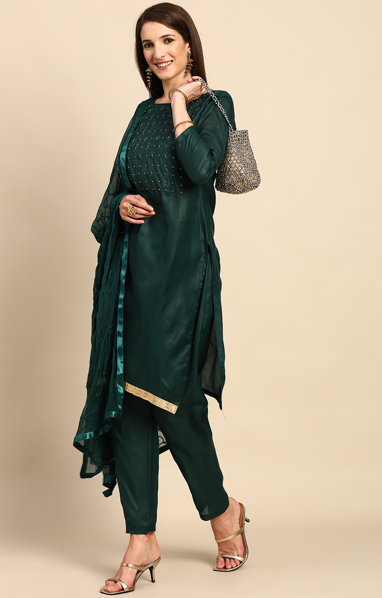 Shaily Women Dark Green Color Cotton Embroidered With Pearl Unstitched Dress Material-VF_KRINA_DGRN_DM