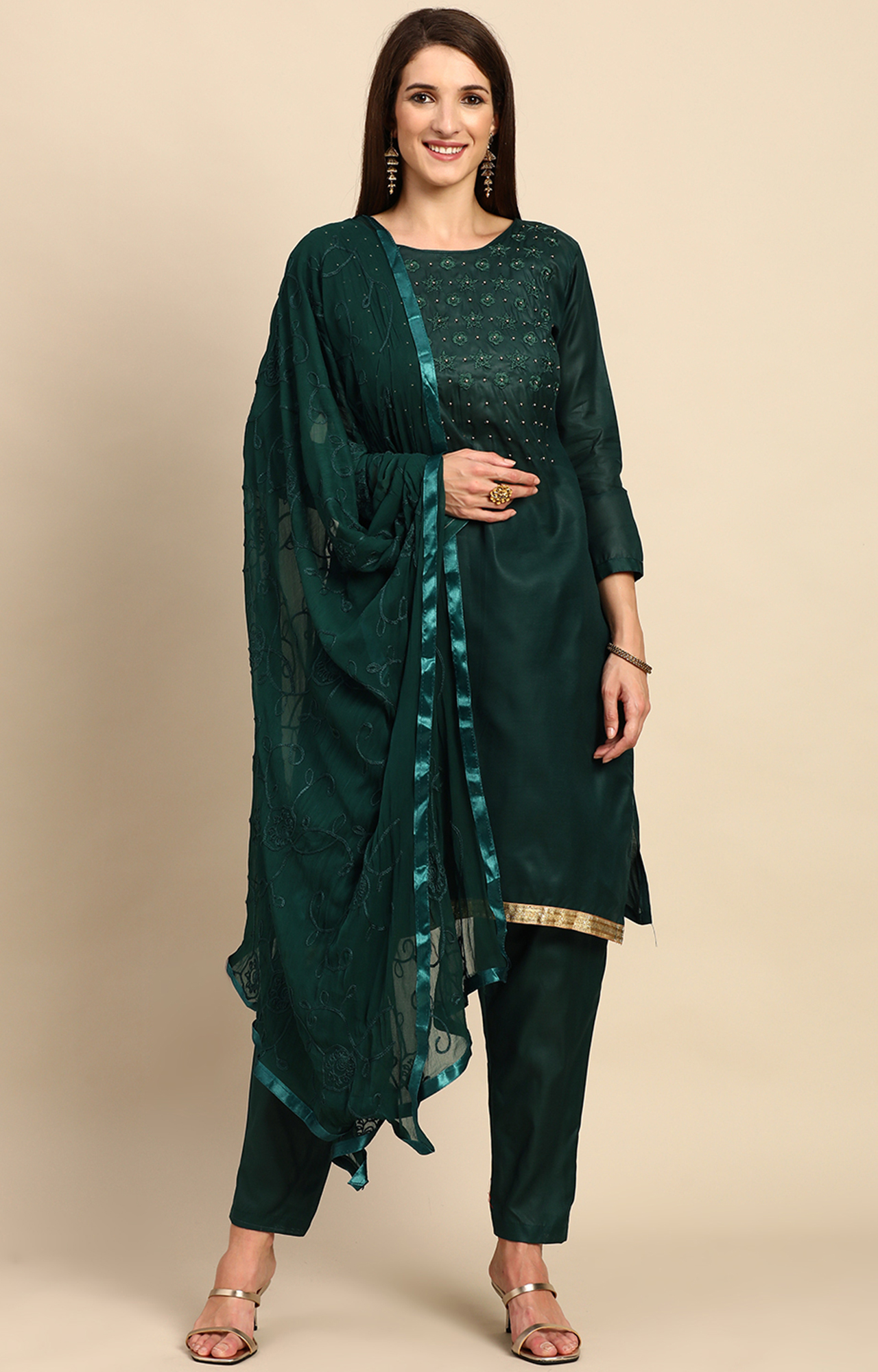 Shaily Women Dark Green Color Cotton Embroidered With Pearl Unstitched Dress Material-VF_KRINA_DGRN_DM