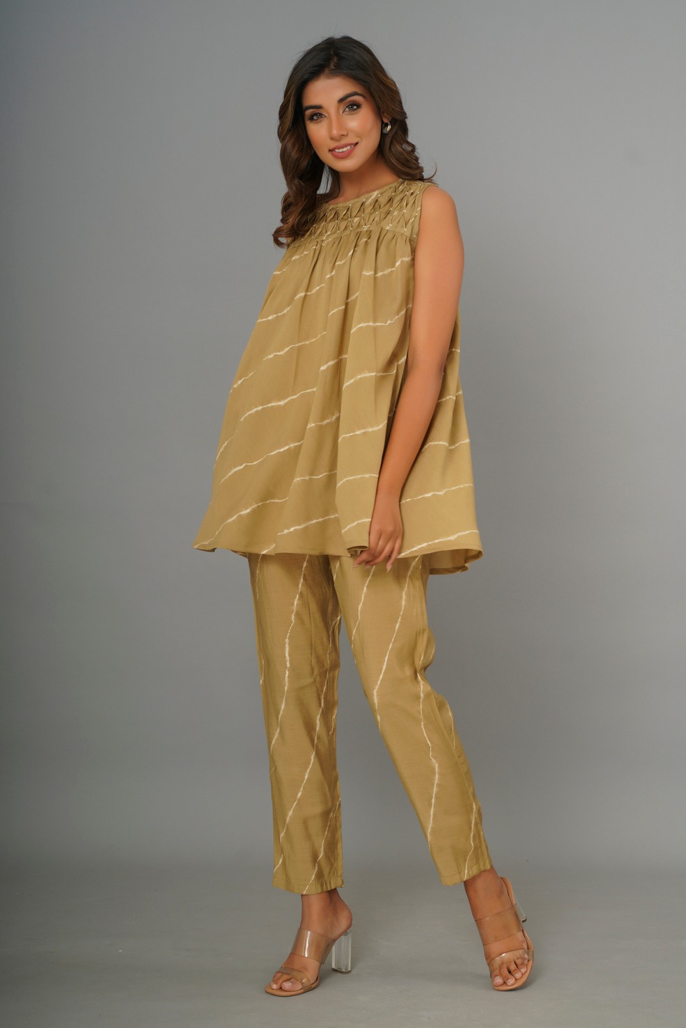 Mustard Colored Printed And Gathered Peplum Co-Ord Set