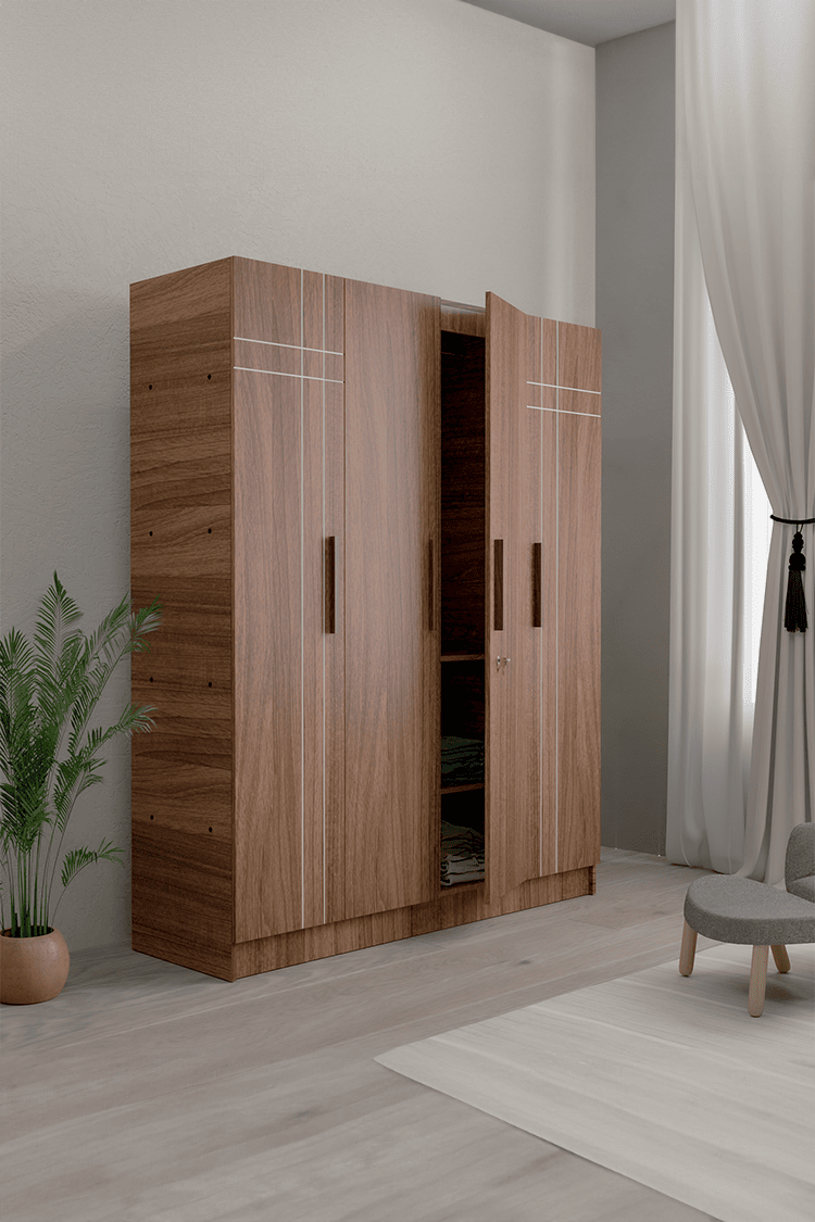 NEUDOT Loyal 4 Door, Leon Teak Finish Engineer Wood Multipurpose Wardrobe/Almirah/Organiser/Cupboard with 2 Hanger Stand, for Cloths and Other Storage -11 Shelves