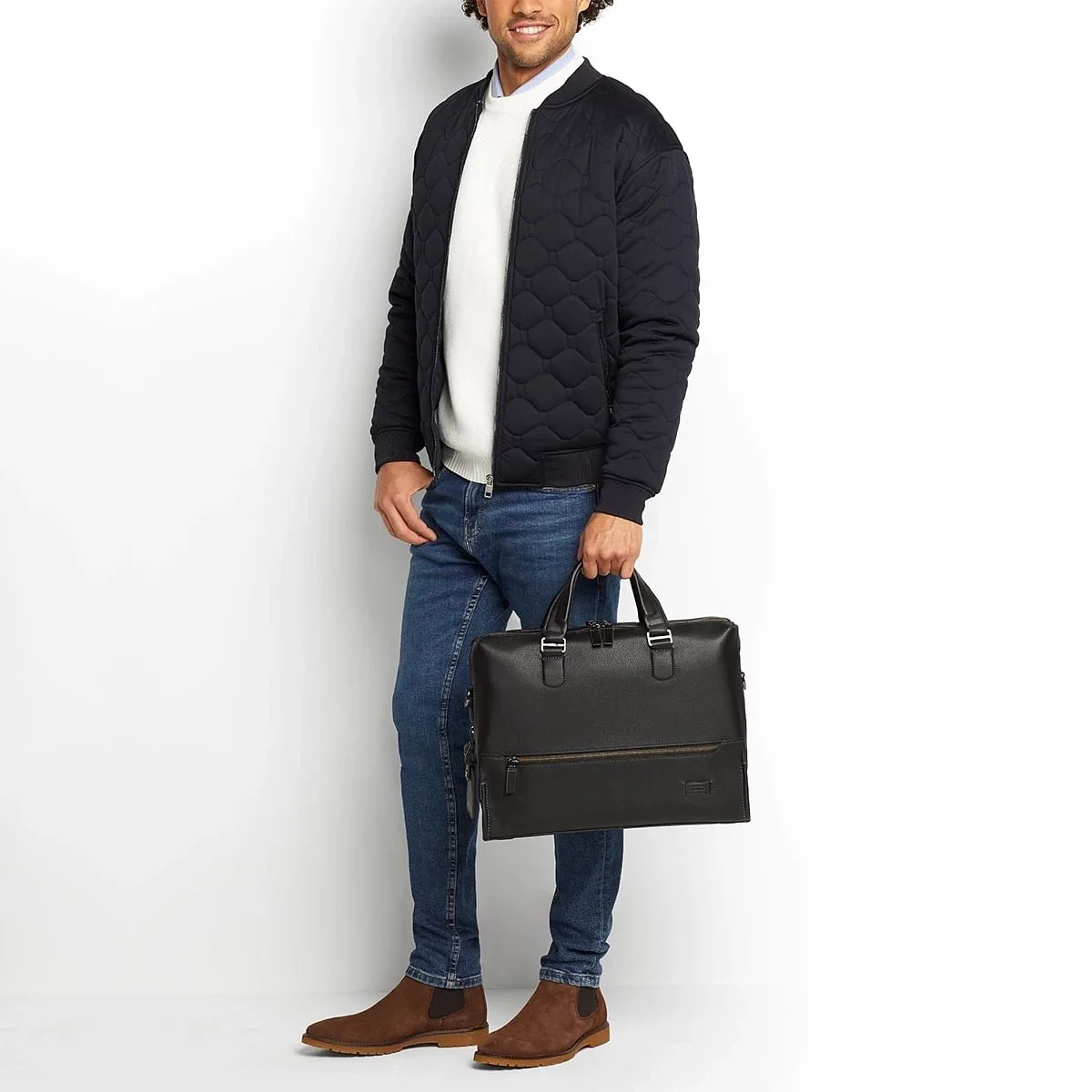 Horton Double Zip Briefcase Brown Pebbled