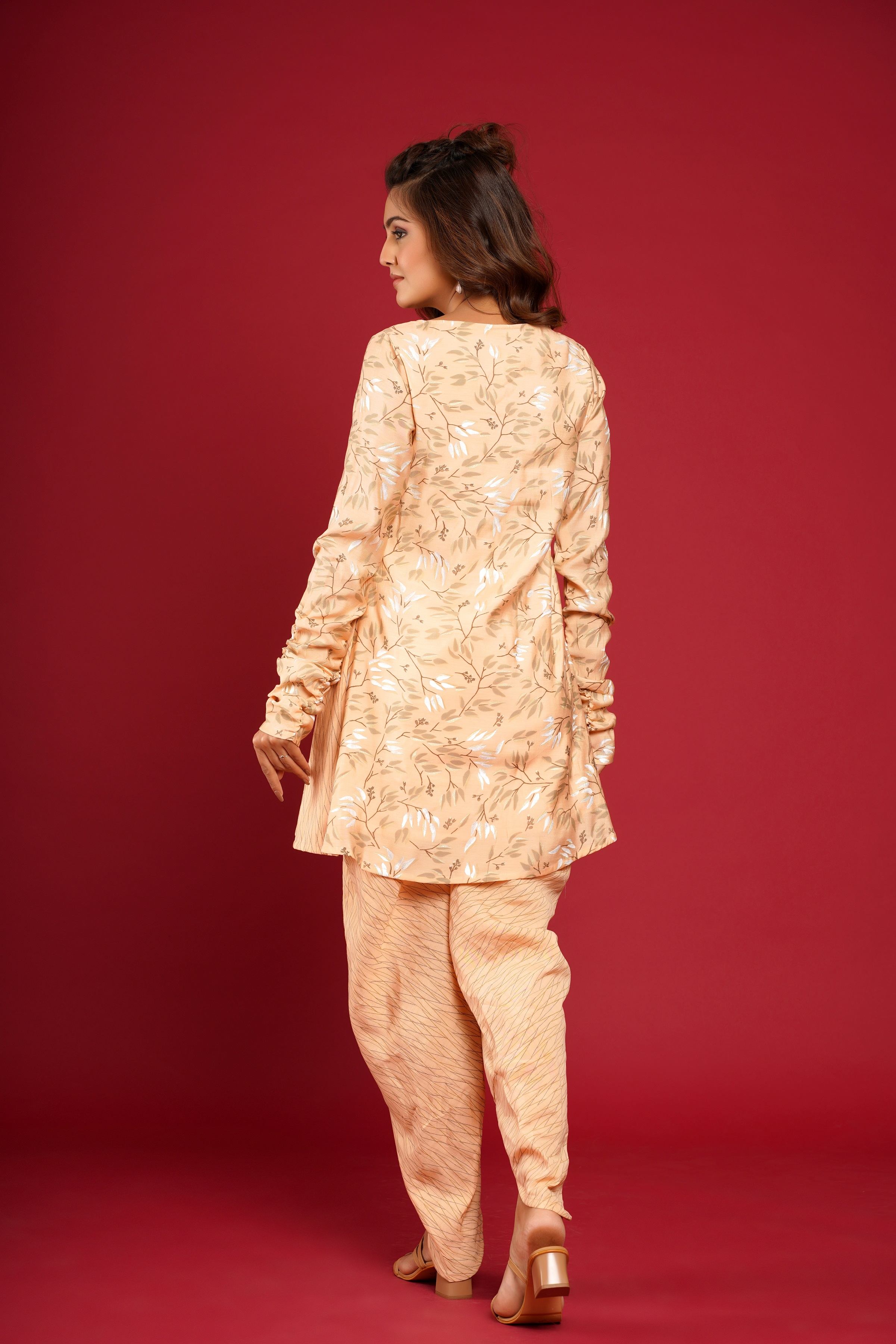 Peach Printed Kurta With Dhoti Pant