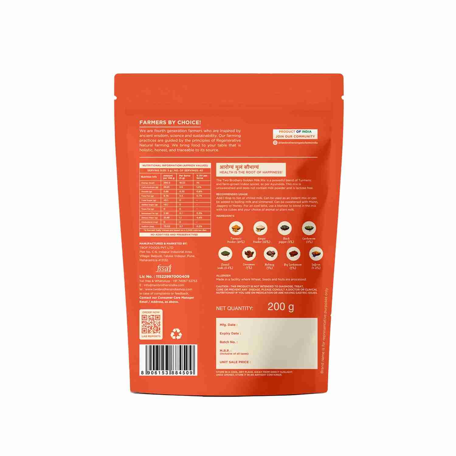 TBOF | Golden Milk Powder | Organic, Sugar Free, Preservative Free, No Additives Pure Wellness | 200 g