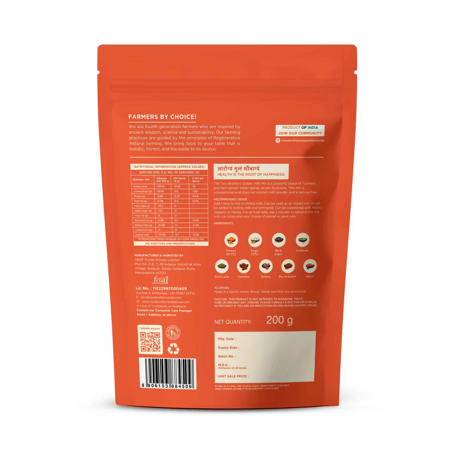 TBIF | Golden Milk Powder | Organic, Sugar Free, Preservative Free, No Additives Pure Wellness | 200 g
