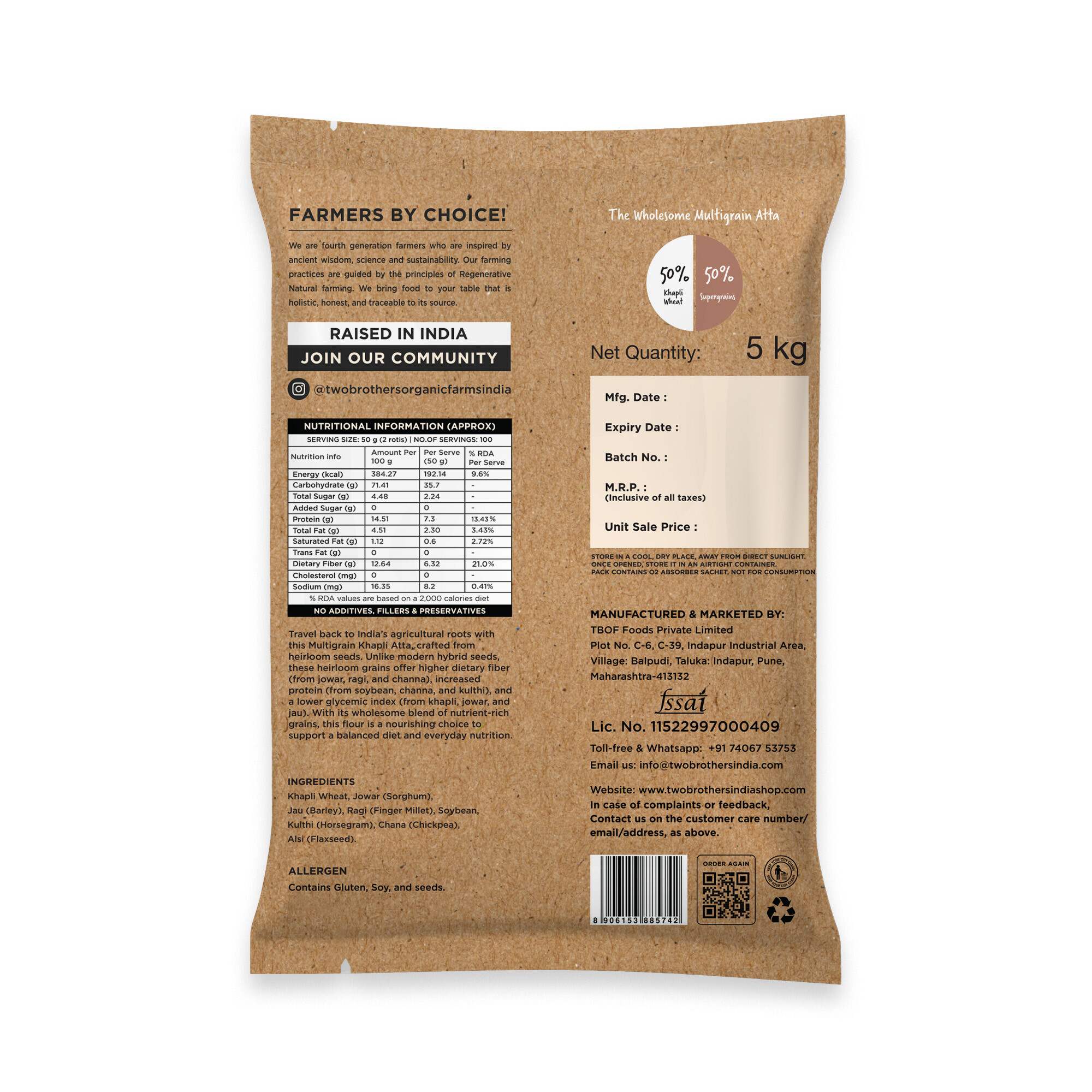 TBIF | Khapli Multigrain Atta | 8 Super Grains Flour Mix, Diabetic Friendly |High Fibre & High Protein | 5 kg