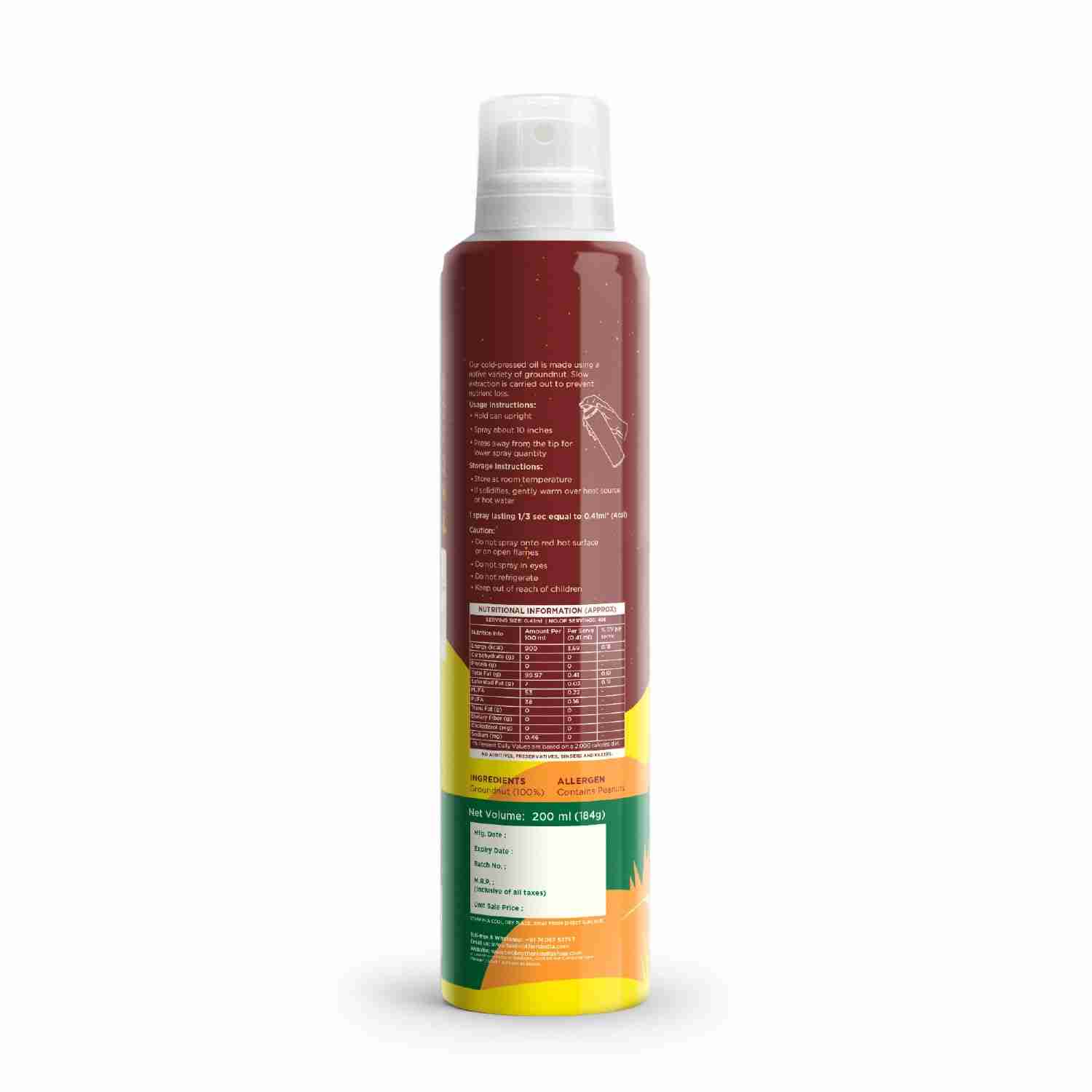 TBOF | Groundnut Oil Spray, Made Using Gunghroo peanuts |Cold-Pressed And Single-Filtered Oil For Healthier Cooking | 200 ml