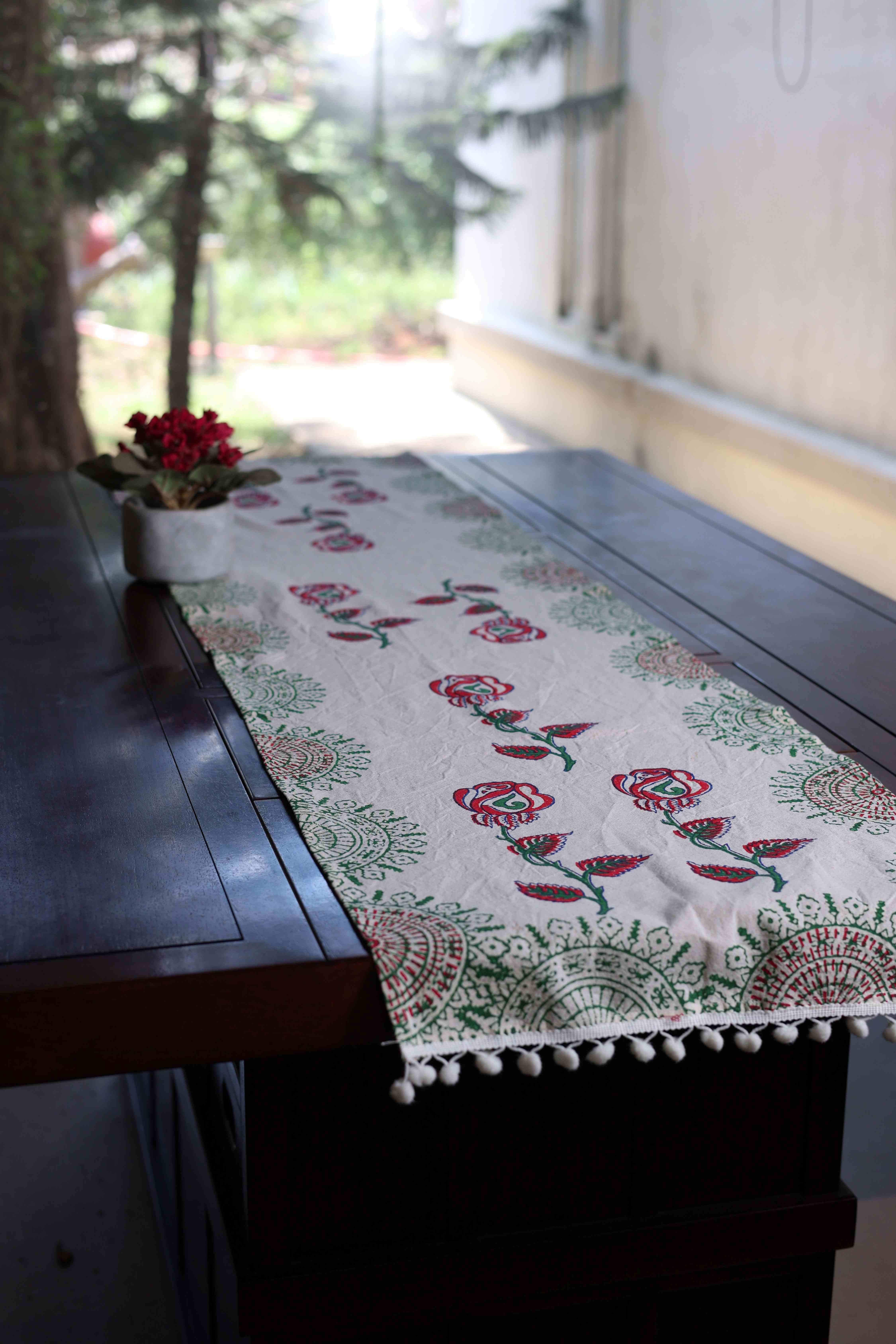 Table Runner Handblock Printed Colourful Designs with Tassels