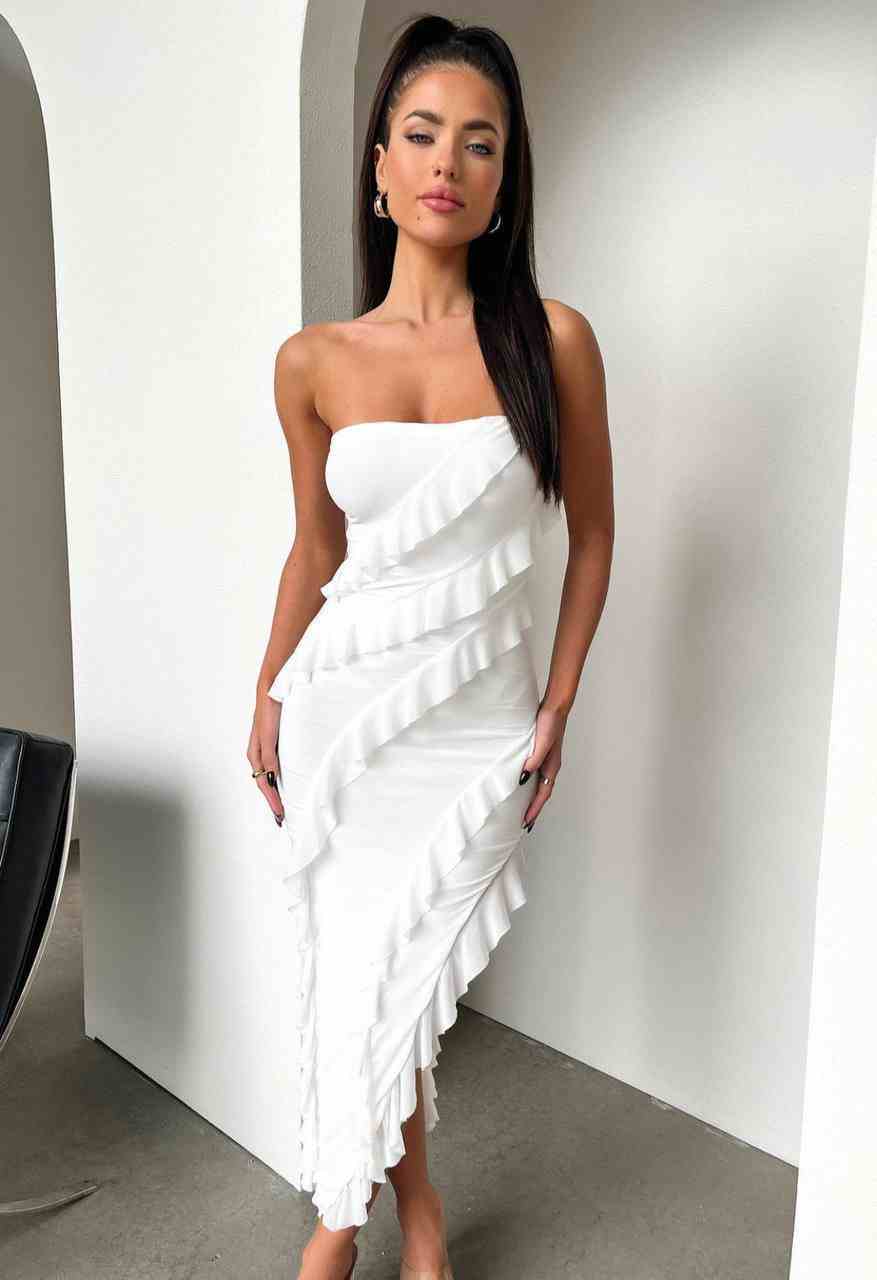 White strapless asymmetrical dress with frills