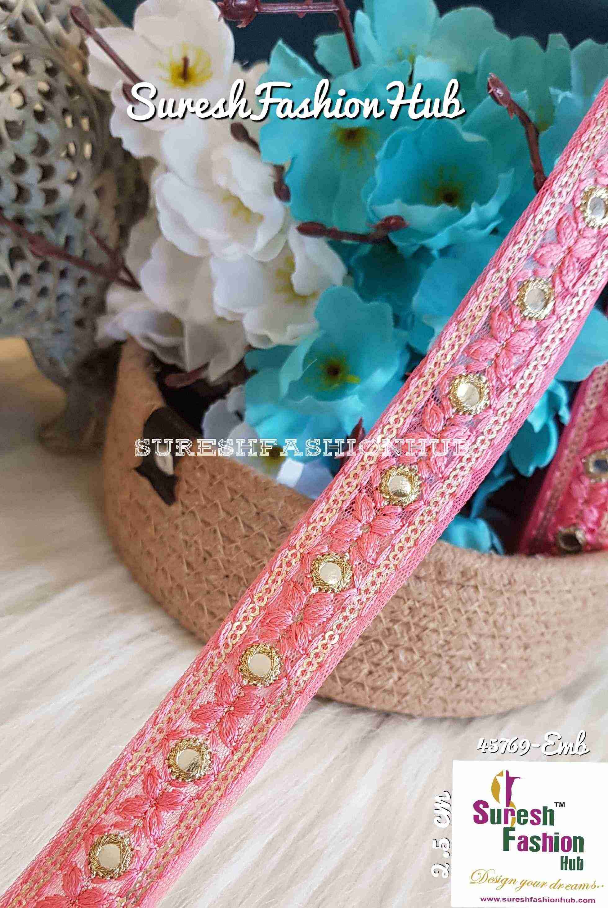 Threaded Embroidery Trim in Bubblegum Pink by Suresh Fashion Hub India.