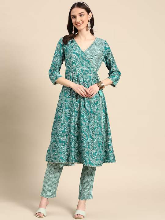 Women Turquoise Blue Paisley Printed Angrakha  Kurta with Trousers