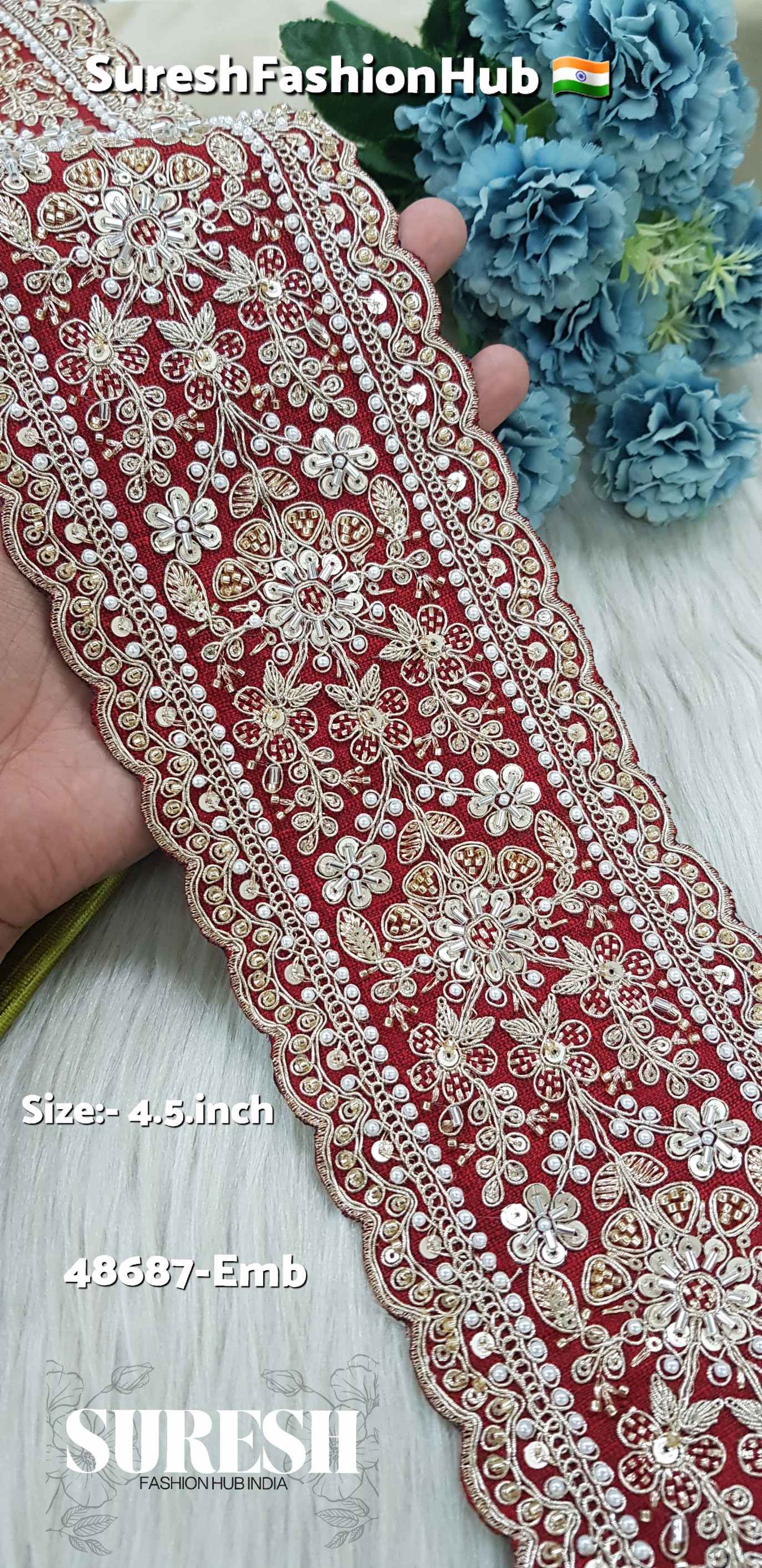 Maroon Double Scalloped Floral Border – 48687-Emb