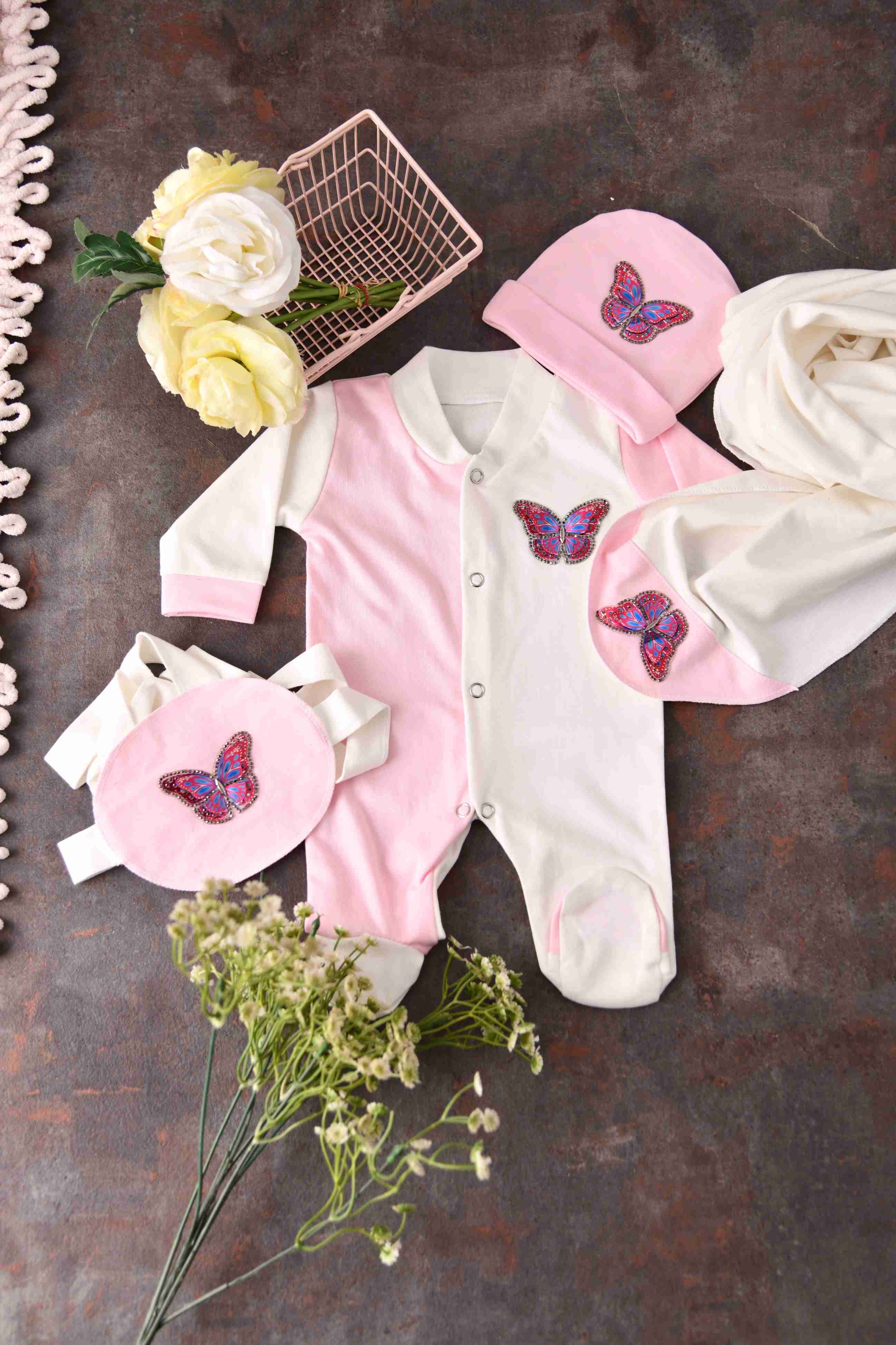 Pink Morpho Romper Set