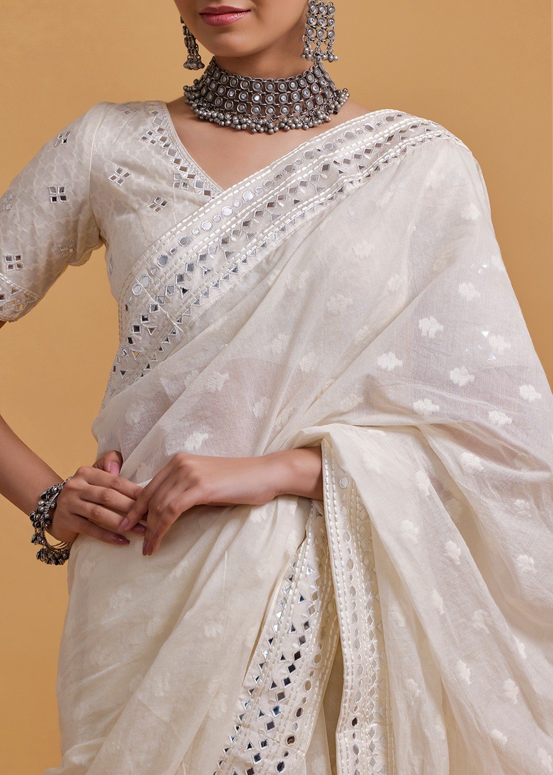 Azra Mirror Offwhite Saree