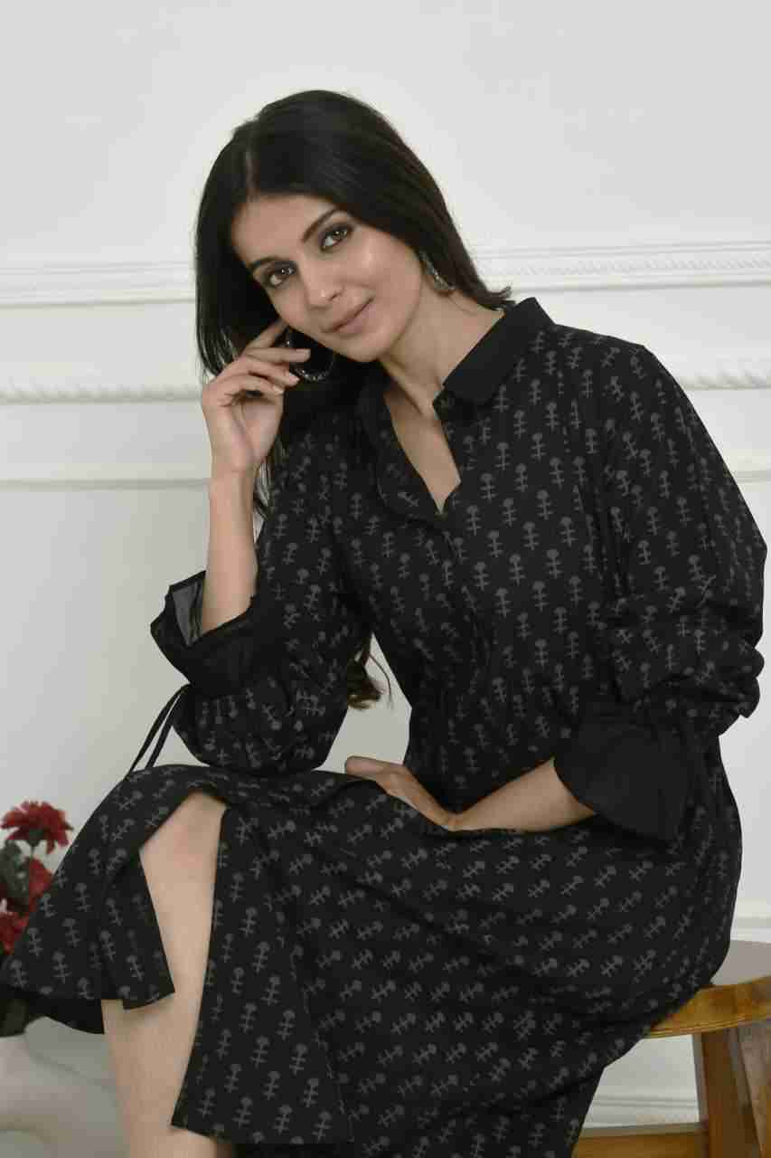 Naksh Black With Grey Khari Tinsel Print Long Shirt Kurta With Pockets