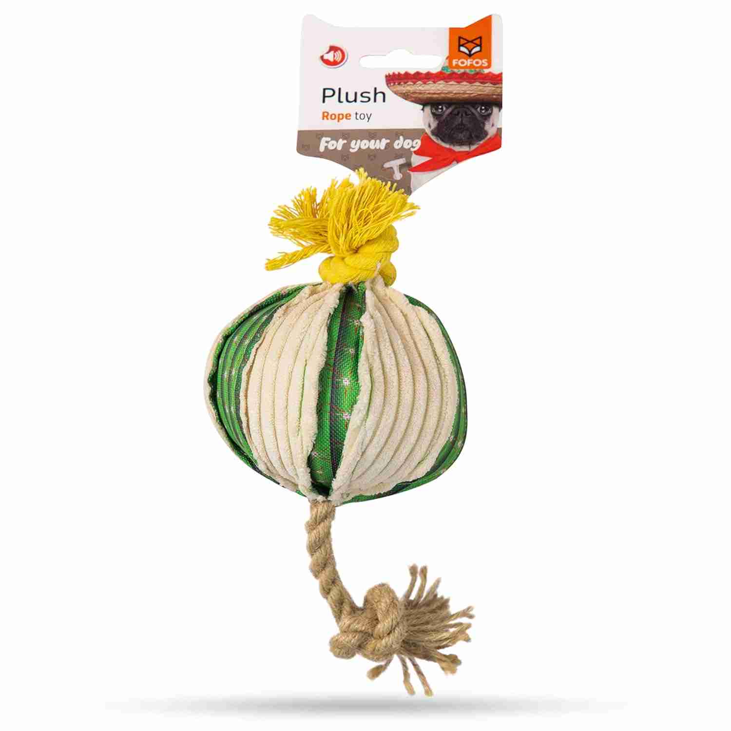 Fofos Cactus Ball with Hemp Rope Stuffed Soft Squeaky Plush Dog Toy (Medium)