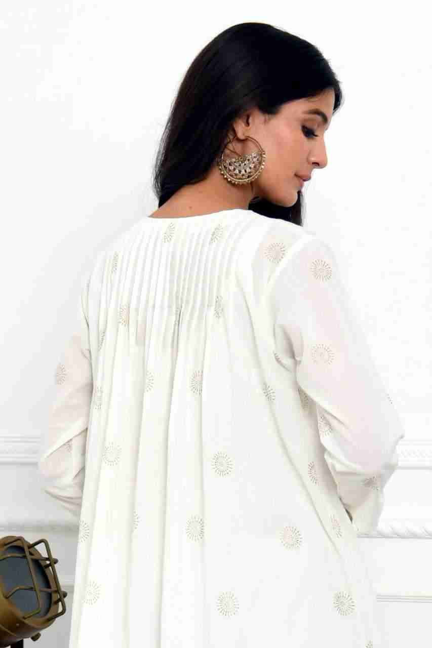 Naksh White Gold Printed Pleated Kurta And Solid Pants (Set of 2)