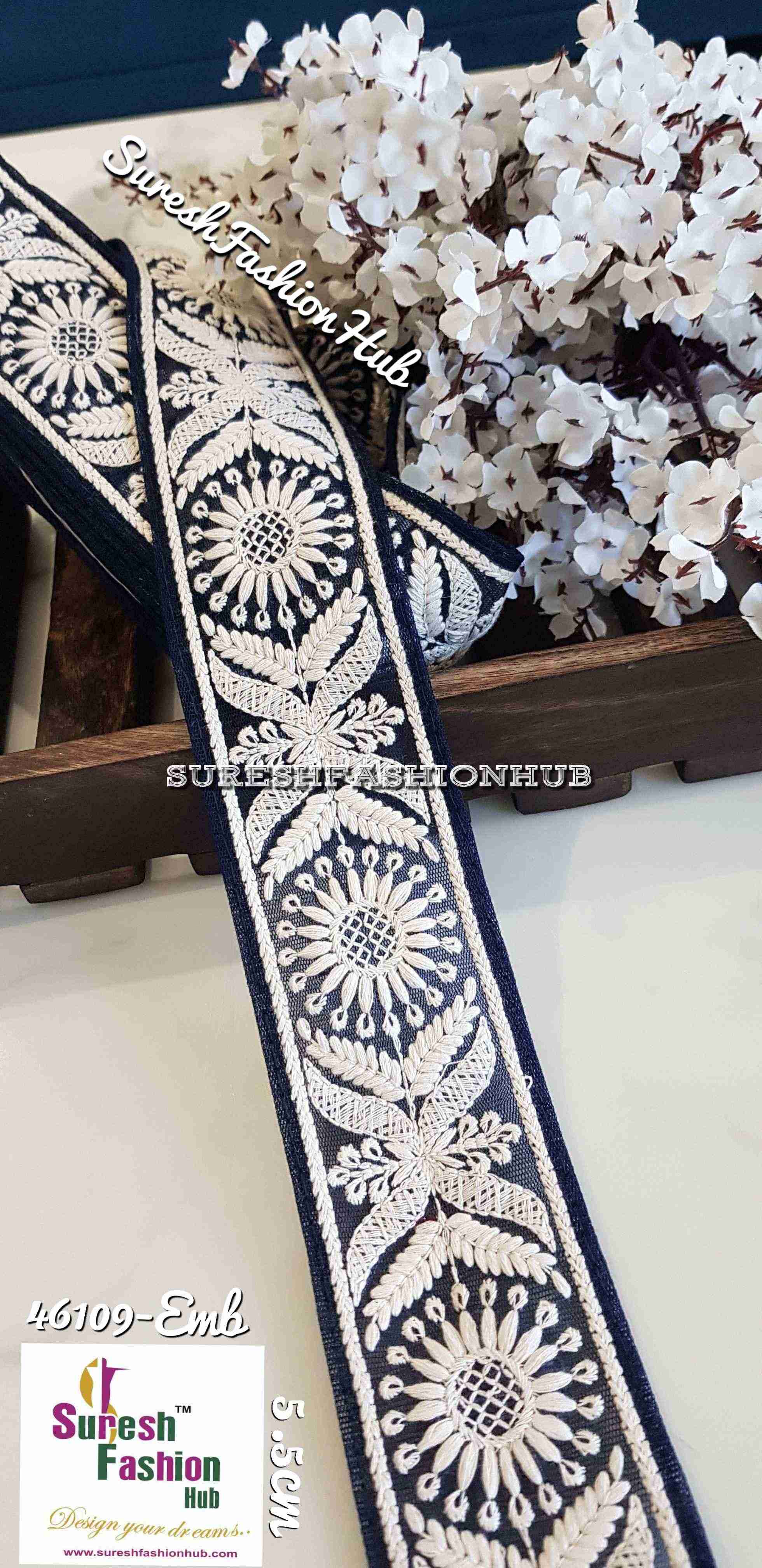 Thread Embroidered Flower & Leaves Dark Blue Trim