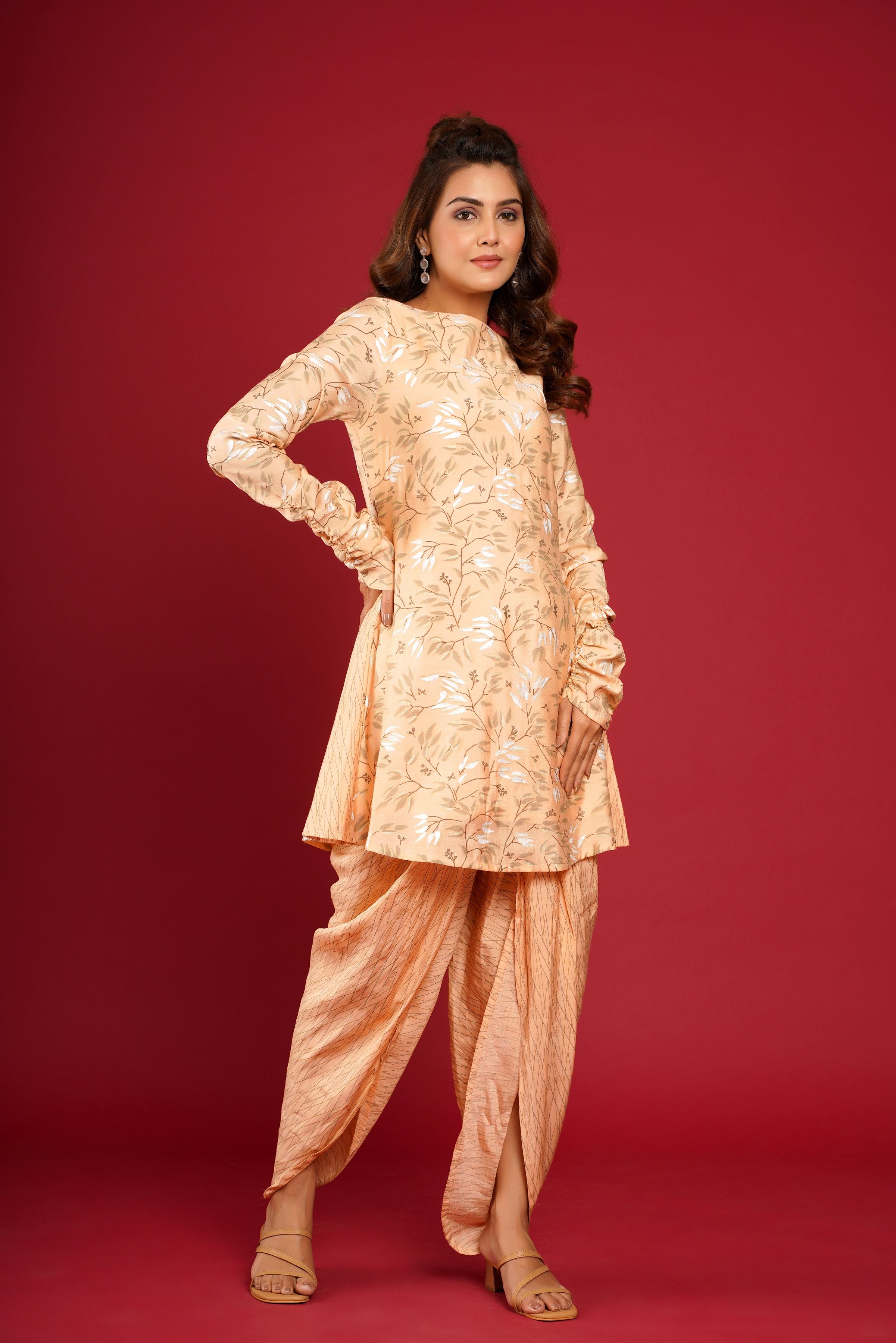 Peach Printed Kurta With Dhoti Pant