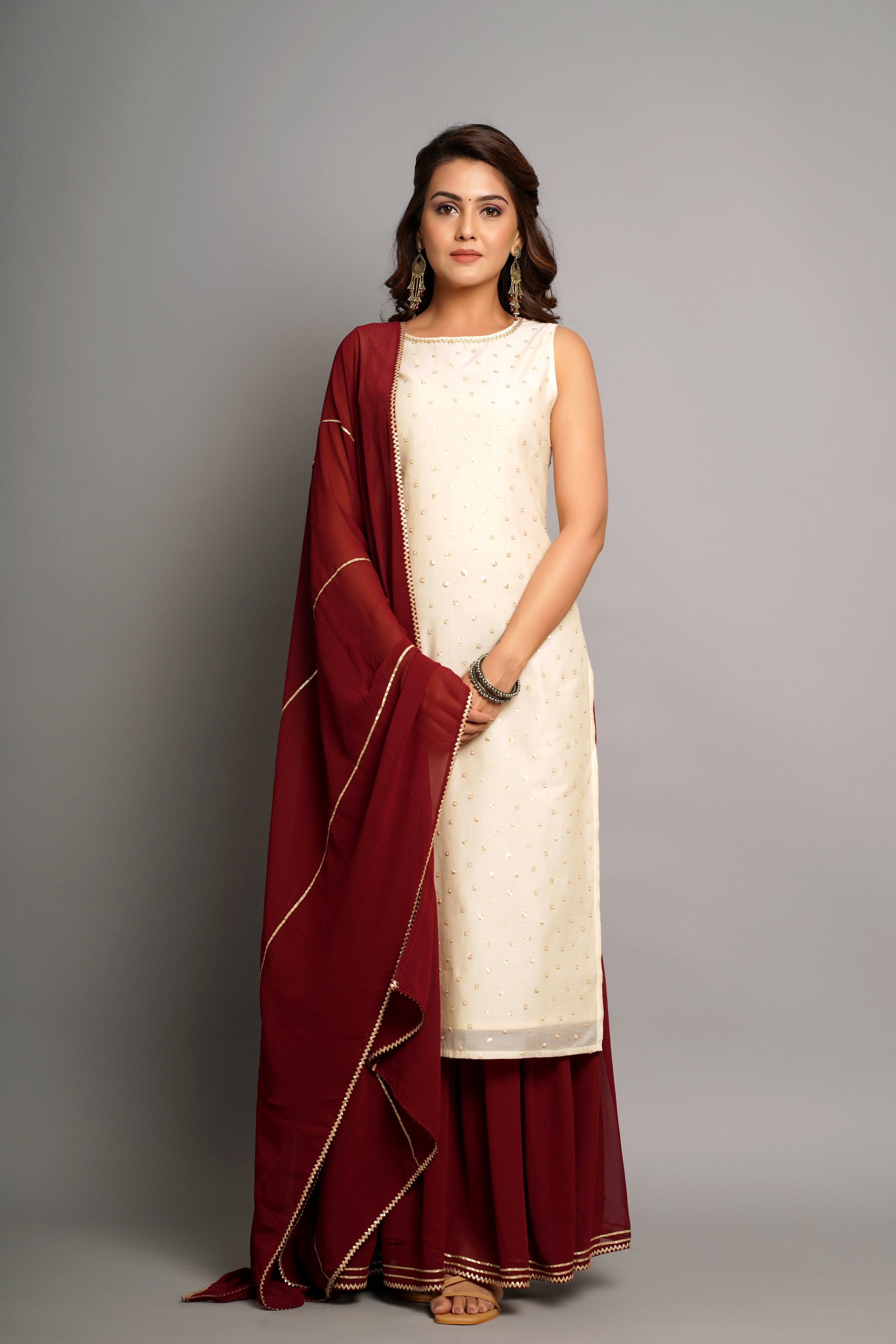Beautiful Embroidery Off White & Maroon Kurta Set With Dupatta