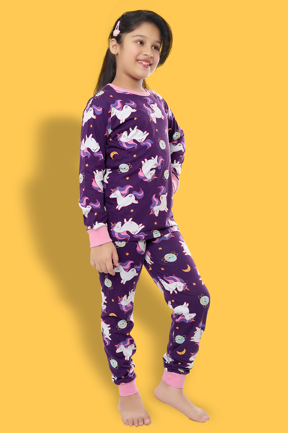 Ninos Dreams Girls Full Sleeves  Unicorn Printed Cotton Night Suit-Purple