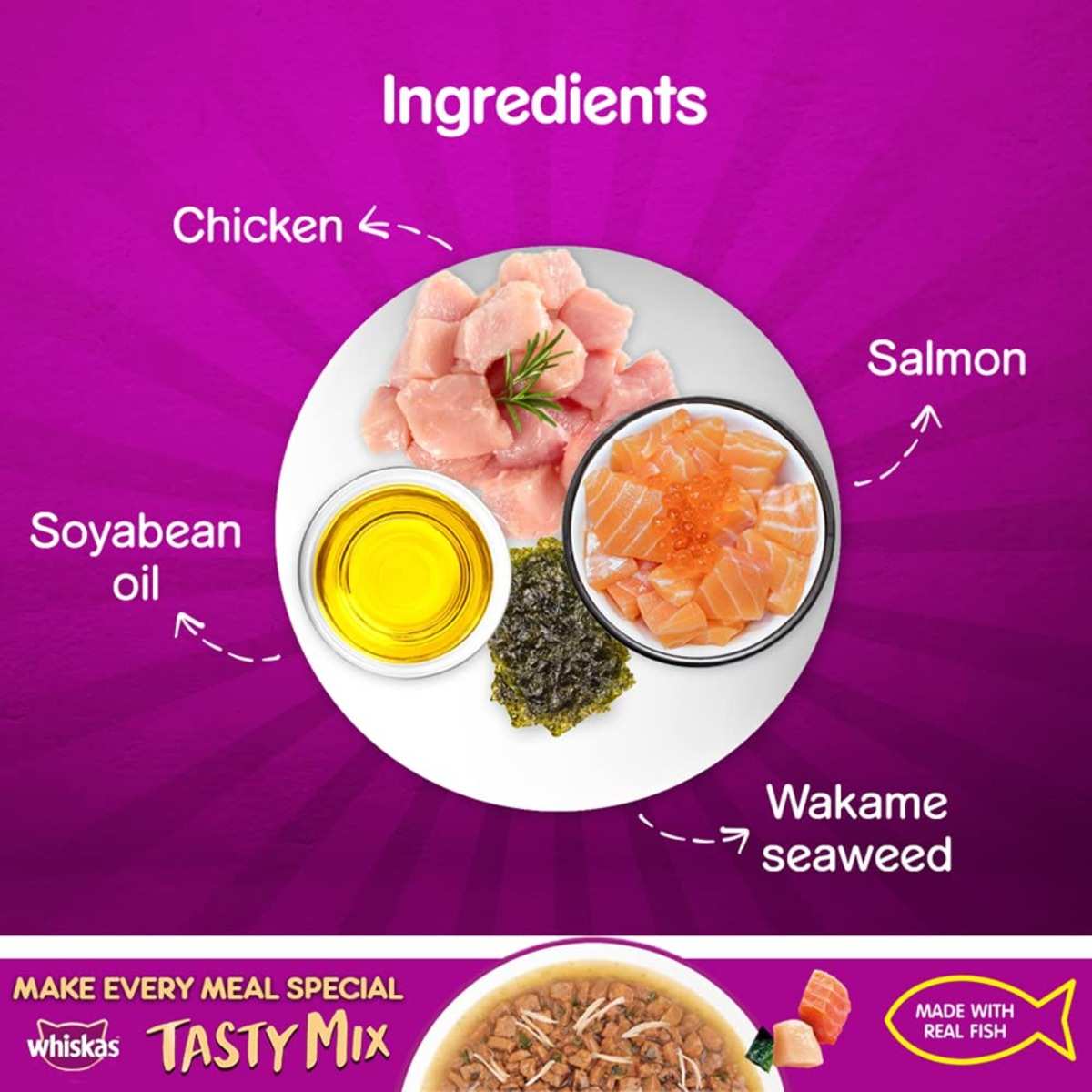 Whiskas Tasty Mix Salmon Wakame Chicken Seaweed In Gravy Wet Cat Food, 70g