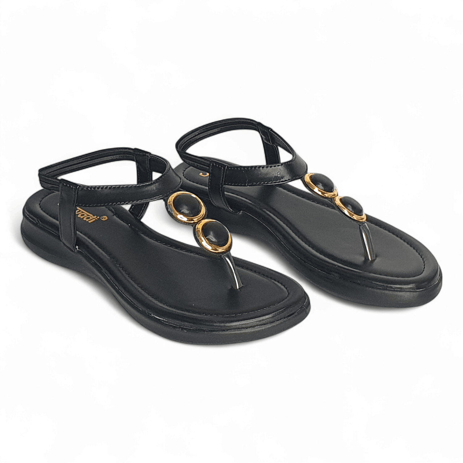 Elegant Black Toe-Ring Sandals with Golden Ornaments | Women's Flat Sandals | Sawadimart