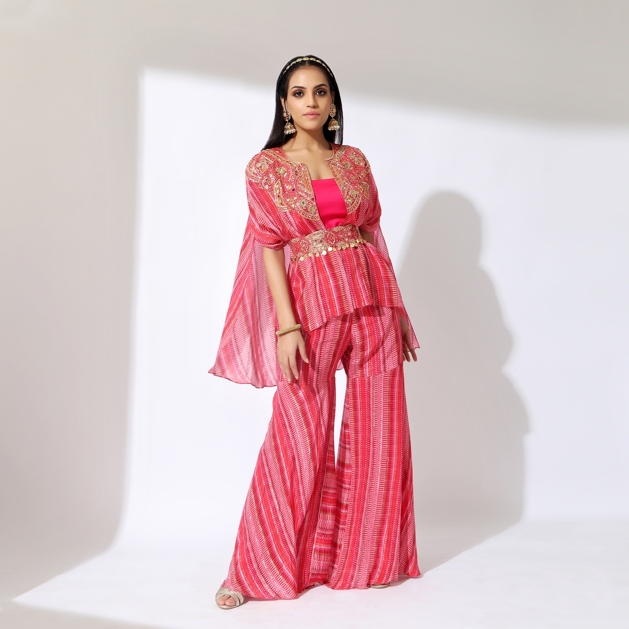 Pink Embellished Cape with Sharara Pants and a Belt