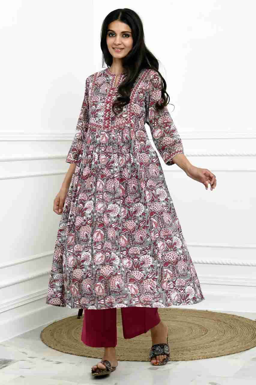 Naksh Sea Green And Red Block Printed Gathered Kurta